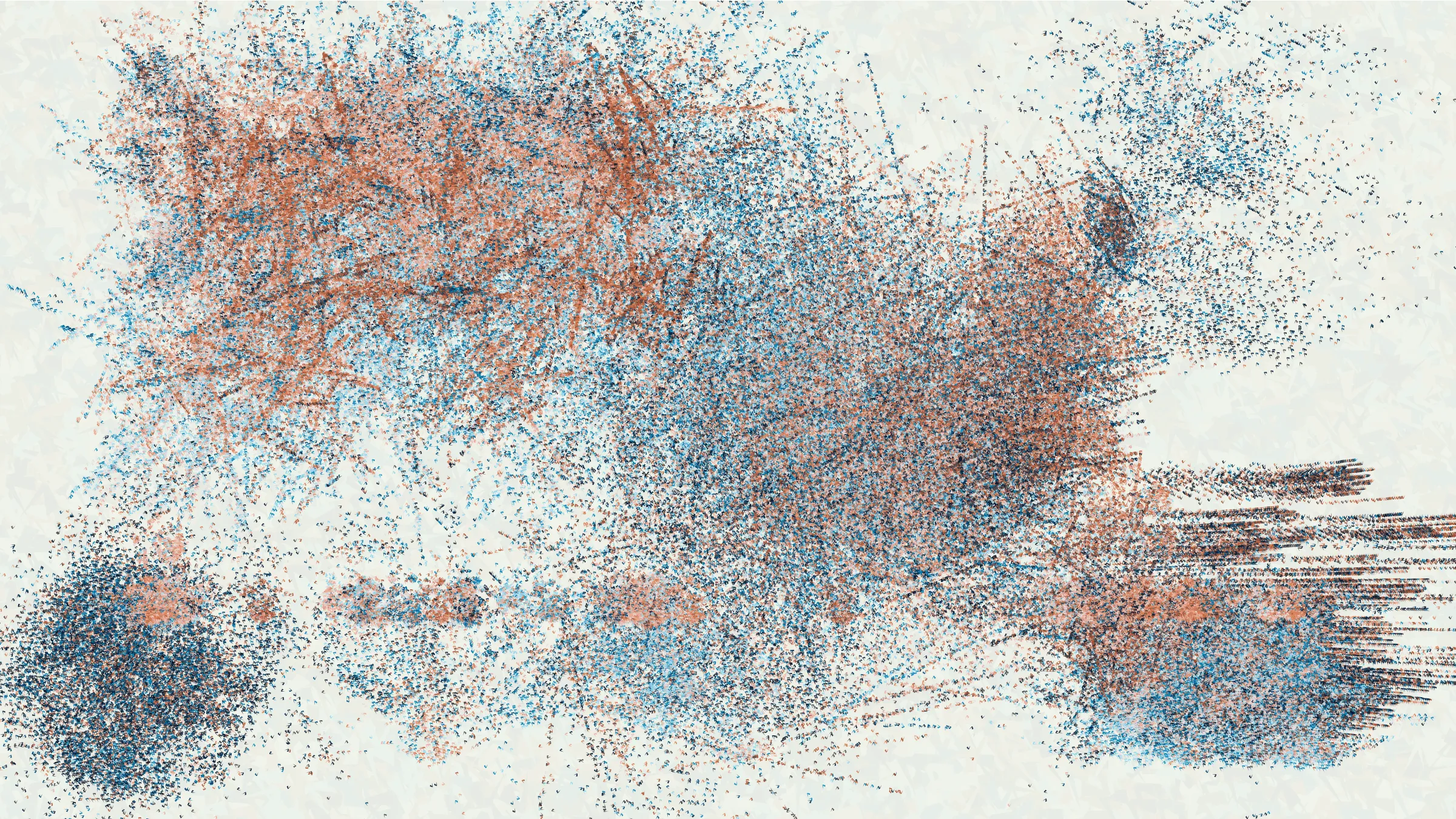 How can intent be communicated when ideas are filtered through a pseudorandom number generator? Simply looking at the output does not make it clear whether a stroke is placed on the canvas because of a decision by the artist or by a roll of the dice. The artist’s hand is more present in the process than the result; they choose the algorithms, tune the parameters, and prune the features. As I experimented with my code, I held a particular idea in mind, but I was uncertain how it would finally manifest. I pursued a visual composition that made me feel a certain way, and the visuals I landed on communicate my feeling better than anything I can put into words. Through Curved Air is about the challenge of communication. Regardless of the medium, I can never be certain that the message I intend to send is the message that is received.

Through Curved Air takes inspiration from musical minimalism, where repetition is used to highlight changes in rhythm and harmony. Every output is created by repeatedly copying a single shape. Each copy only has meaning in relation to the other shapes nearby, and that meaning changes with the context around it. Delicate structures form and are subsequently obscured by further layers, and though they may be hidden, they still affect the perception of the final image. Clicking on the canvas will start or stop the looping mode, where the image is recreated in a slightly different way. New facets are exposed as the composition changes yet remains the same. Just as I spend my days trying to share my inner experience through my art, Through Curved Air uses each shape and each loop and each token hash to attempt to create a common feeling between myself and the viewer.

Through Curved Air also takes inspiration from the paintings of Joan Mitchell. I was drawn to her expressive strokes, vibrant colors, and use of negative space, all of which come together to give a more intense feeling of looking at a landscape than just looking at a painting of a landscape. Her energetic marks clearly communicate that there is a human being behind the art. The marks of generative works are often similarly representative of the underlying process, but instead of drawing focus to the artist behind the piece, they draw attention to the algorithm. To convey human emotion in the way I intended, I had to use a subtler algorithm.

The technical tools to convey this emotion are tools I have been consistently developing in my practice. I love making generative art because I can design a system where I understand how all the components work, but they can still come together to produce a result that surprises me. The algorithm behind the compositional variation in my earlier works Coquina and Primordial is one I continued to evolve, and it rests at the heart of Through Curved Air. In fact, I pushed it further than ever, using it to create the individual shapes that form the building block of each output. This emergent variation permeates the work and results in surprising images that more closely resemble paintings than anything I made previously. I believe the potential for surprise is key to conveying emotion through code. When the possibility space of the algorithm grows too large to understand, the mind wanders to the person behind the algorithm. Perhaps the human element is the struggle to understand, or the struggle to be understood.