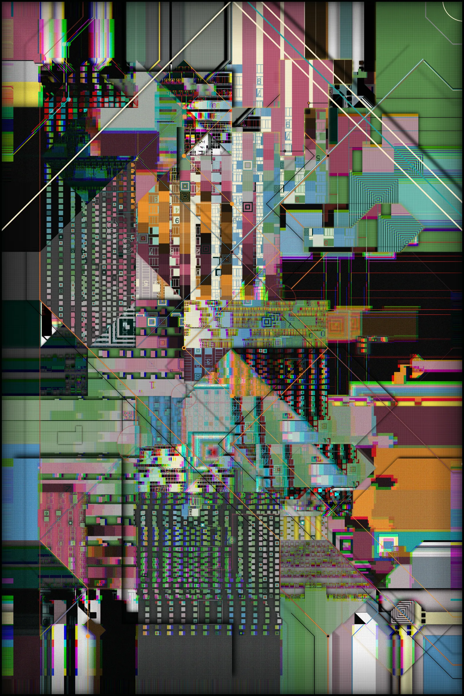 In the contemporary era, the overwhelming inundation of information and data is a ubiquitous and pervasive reality. This saturation is often accompanied by a sense of disorientation and fragmentation, making it challenging to extract meaningful and valuable insights. As humanity progresses and evolves, this gap between our biological, cognitive, and perceptual capacities and the rapid advancements of our digital world becomes increasingly significant.

Infinity, chaos, complexity, self-reproducibility, coherence, and layering are epithets that apply to this work.

This artwork seeks to capture the complexity and chaos of our digital existence, utilizing various visual techniques to convey its message. Layering and fragmentation visually depict the scattered and fragmented nature of our digital lives, with each layer representing a different unit of information. This fragmentation is further underscored by the grid of "transport" lines that permeate the canvas, symbolizing the interconnected networks and corporations that seek to control and manipulate our attention. Despite the strict rules governing the forms in the artwork, the overall effect is one of chaos and impending tragedy. This tension between order and disorder is a recurring theme, conveying that we are on the brink of losing control and being consumed by information overload. The visual elements of the artwork convey a "technological coldness" and emotionlessness, reflecting the detachment that can result from our immersion in the digital realm. Some of the elements are unfocused, which creates the effect of discomfort and the inability to concentrate and embrace all the available space at once. A kind of frame is the "traces" of data gathering toward the center - in our minds - and intertwining into an endless tangle of something massive and noisy but with no precise shape.

To reinforce the concept, I placed an infinite rotation of all the layers used in the art behind the main canvas. They alternate at great speed, constantly changing their "compression" and background, symbolizing the endless flow of digital information overwhelming our consciousness.

Through its visual elements and composition, the artwork urges us to reflect on our collective responsibility to engage with technology more ethically and thoughtfully. It reminds us that while technology can offer many opportunities and benefits, it also significantly challenges our values and ethics. In this sense, the artwork serves as a reminder of the importance of maintaining a balance between technological progress and human values.

I used many techniques to create this art. Because of the large number of generated elements and big canvas size, it takes quite a long time to make, "overloading" your device and then entirely using its resources, which is also part of the concept.

---

This art is static until you touch it. You can use the mouse wheel to examine the details, and you can also drag the surface of the art. Also, this art is created in two parts. Behind it is an infinite rotation of the layers used in it.

**Controls:** 

Mouse wheel: zoom in/out
Mouse click, hold and move: drag the static part
Mouse double-click: reset (go static)
Press 's' to save the image

WARNING: PHOTOSENSITIVITY/EPILEPSY SEIZURES

---

 ***As always, a pre-sale for TBOA club members and TBOA token holders will be a day before the official release.***