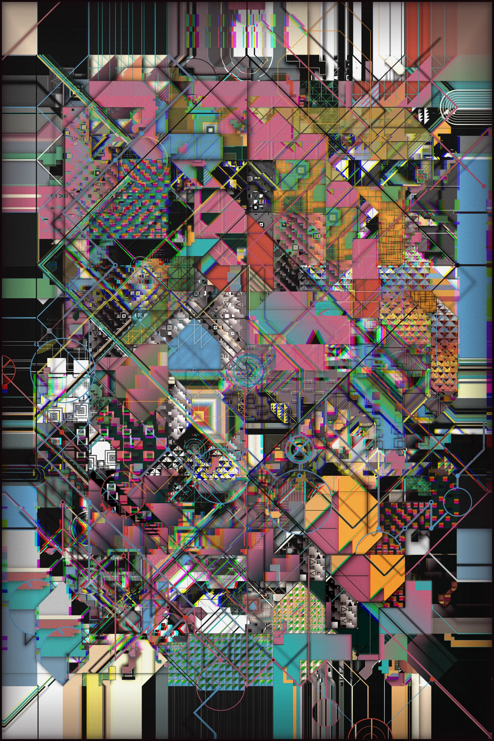 In the contemporary era, the overwhelming inundation of information and data is a ubiquitous and pervasive reality. This saturation is often accompanied by a sense of disorientation and fragmentation, making it challenging to extract meaningful and valuable insights. As humanity progresses and evolves, this gap between our biological, cognitive, and perceptual capacities and the rapid advancements of our digital world becomes increasingly significant.

Infinity, chaos, complexity, self-reproducibility, coherence, and layering are epithets that apply to this work.

This artwork seeks to capture the complexity and chaos of our digital existence, utilizing various visual techniques to convey its message. Layering and fragmentation visually depict the scattered and fragmented nature of our digital lives, with each layer representing a different unit of information. This fragmentation is further underscored by the grid of "transport" lines that permeate the canvas, symbolizing the interconnected networks and corporations that seek to control and manipulate our attention. Despite the strict rules governing the forms in the artwork, the overall effect is one of chaos and impending tragedy. This tension between order and disorder is a recurring theme, conveying that we are on the brink of losing control and being consumed by information overload. The visual elements of the artwork convey a "technological coldness" and emotionlessness, reflecting the detachment that can result from our immersion in the digital realm. Some of the elements are unfocused, which creates the effect of discomfort and the inability to concentrate and embrace all the available space at once. A kind of frame is the "traces" of data gathering toward the center - in our minds - and intertwining into an endless tangle of something massive and noisy but with no precise shape.

To reinforce the concept, I placed an infinite rotation of all the layers used in the art behind the main canvas. They alternate at great speed, constantly changing their "compression" and background, symbolizing the endless flow of digital information overwhelming our consciousness.

Through its visual elements and composition, the artwork urges us to reflect on our collective responsibility to engage with technology more ethically and thoughtfully. It reminds us that while technology can offer many opportunities and benefits, it also significantly challenges our values and ethics. In this sense, the artwork serves as a reminder of the importance of maintaining a balance between technological progress and human values.

I used many techniques to create this art. Because of the large number of generated elements and big canvas size, it takes quite a long time to make, "overloading" your device and then entirely using its resources, which is also part of the concept.

---

This art is static until you touch it. You can use the mouse wheel to examine the details, and you can also drag the surface of the art. Also, this art is created in two parts. Behind it is an infinite rotation of the layers used in it.

**Controls:** 

Mouse wheel: zoom in/out
Mouse click, hold and move: drag the static part
Mouse double-click: reset (go static)
Press 's' to save the image

WARNING: PHOTOSENSITIVITY/EPILEPSY SEIZURES

---

 ***As always, a pre-sale for TBOA club members and TBOA token holders will be a day before the official release.***