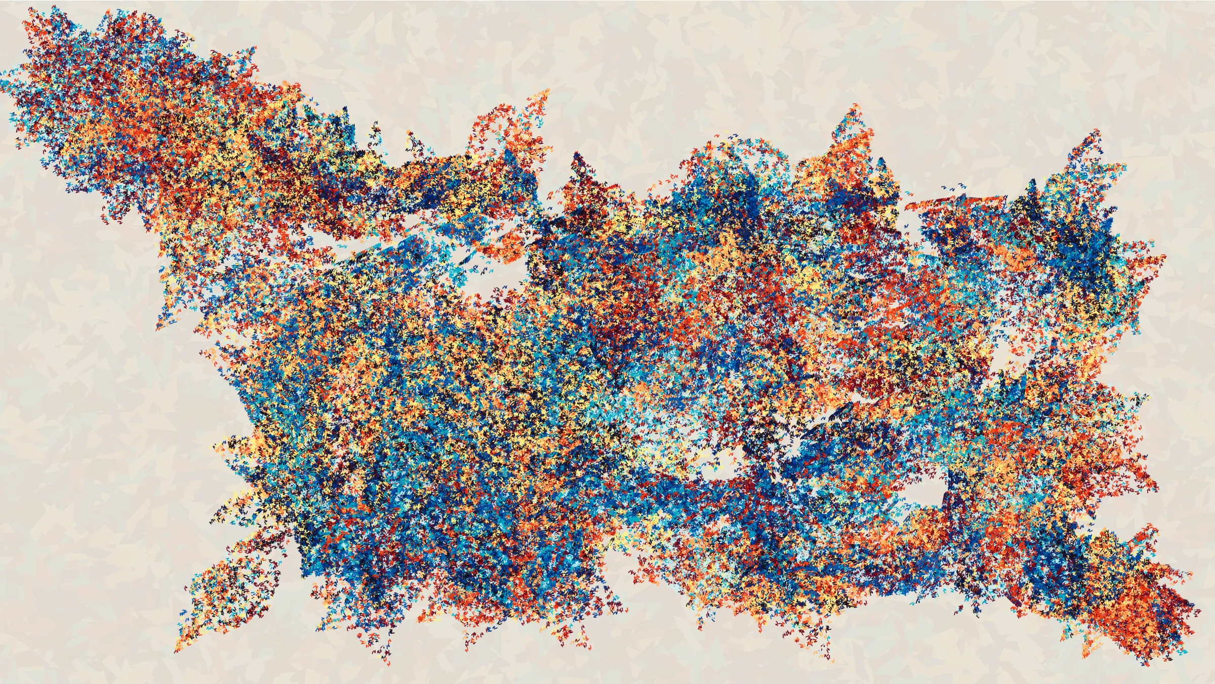 How can intent be communicated when ideas are filtered through a pseudorandom number generator? Simply looking at the output does not make it clear whether a stroke is placed on the canvas because of a decision by the artist or by a roll of the dice. The artist’s hand is more present in the process than the result; they choose the algorithms, tune the parameters, and prune the features. As I experimented with my code, I held a particular idea in mind, but I was uncertain how it would finally manifest. I pursued a visual composition that made me feel a certain way, and the visuals I landed on communicate my feeling better than anything I can put into words. Through Curved Air is about the challenge of communication. Regardless of the medium, I can never be certain that the message I intend to send is the message that is received.

Through Curved Air takes inspiration from musical minimalism, where repetition is used to highlight changes in rhythm and harmony. Every output is created by repeatedly copying a single shape. Each copy only has meaning in relation to the other shapes nearby, and that meaning changes with the context around it. Delicate structures form and are subsequently obscured by further layers, and though they may be hidden, they still affect the perception of the final image. Clicking on the canvas will start or stop the looping mode, where the image is recreated in a slightly different way. New facets are exposed as the composition changes yet remains the same. Just as I spend my days trying to share my inner experience through my art, Through Curved Air uses each shape and each loop and each token hash to attempt to create a common feeling between myself and the viewer.

Through Curved Air also takes inspiration from the paintings of Joan Mitchell. I was drawn to her expressive strokes, vibrant colors, and use of negative space, all of which come together to give a more intense feeling of looking at a landscape than just looking at a painting of a landscape. Her energetic marks clearly communicate that there is a human being behind the art. The marks of generative works are often similarly representative of the underlying process, but instead of drawing focus to the artist behind the piece, they draw attention to the algorithm. To convey human emotion in the way I intended, I had to use a subtler algorithm.

The technical tools to convey this emotion are tools I have been consistently developing in my practice. I love making generative art because I can design a system where I understand how all the components work, but they can still come together to produce a result that surprises me. The algorithm behind the compositional variation in my earlier works Coquina and Primordial is one I continued to evolve, and it rests at the heart of Through Curved Air. In fact, I pushed it further than ever, using it to create the individual shapes that form the building block of each output. This emergent variation permeates the work and results in surprising images that more closely resemble paintings than anything I made previously. I believe the potential for surprise is key to conveying emotion through code. When the possibility space of the algorithm grows too large to understand, the mind wanders to the person behind the algorithm. Perhaps the human element is the struggle to understand, or the struggle to be understood.