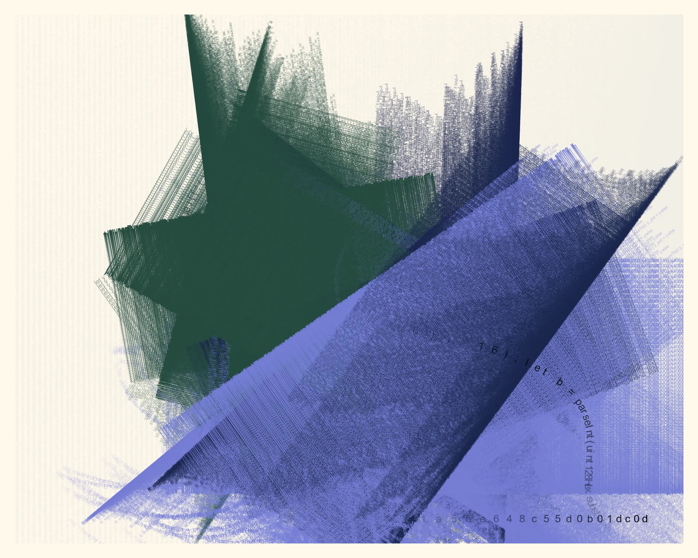 In this collection, each mark on the digital canvas is made by text of the algorithm that created it. When viewing Symbol 1, you’re viewing its code – logic becoming art.

If you look closely at an oil painting you may see brushstrokes. If you look closely at an iteration of Symbol 1, you'll see snippets of the code that generates the piece itself: text from for() loops repeated over and over; the Random() function itself weaving through the piece; and the hash code, like an artist signature, displayed on the bottom right.

Organic and mechanical forces have long been in tension in art and architecture. Art nouveau's floral  curves vs. art deco's industrial geometry, Jackson Pollock's declaration “I am nature” vs. Andy Warhol's confession “I want to be a machine,” etc.

This conversation continues in generative art. One collection might appear surprisingly organic, as if crafted by hand; another might appear strictly computer generated, showing the expressive power of machines.

Symbol 1 joins this conversation, offering another way to synthesize the natural and the mechanical. Just as a crashing ocean wave could be explained mathematically by the forces that generated it, an image in Symbol 1 appears almost chaotic while revealing the logic that created it.

About the title: Symbol 1 is a term from First Principles, a chapter in The Mathematical Analysis of Logic (1847) by George Boole, a founder of modern logic. For Boole, “symbol 1” represents “the Universe comprehending every conceivable class of objects, whether actually existing or not.”