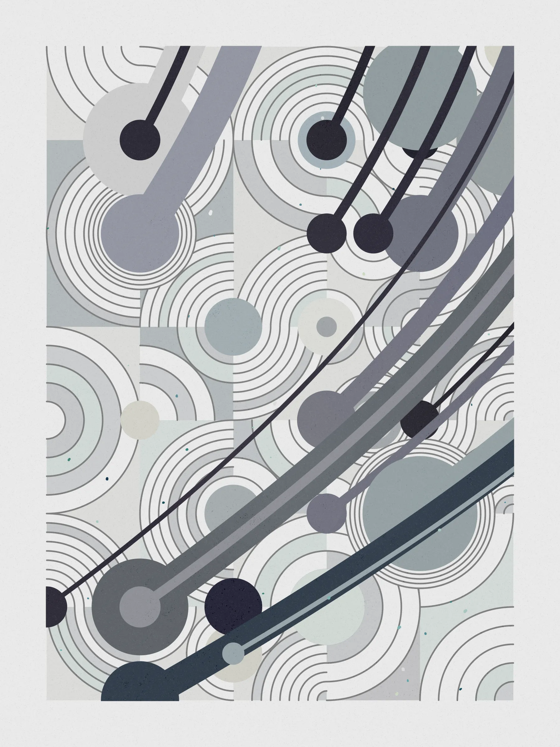 ##### **Forecast** abstractly captures the essence of rainfall on a stone-paved road, drawing an analogy between weather and human emotions, comparing the outcome of a weather forecast to the range of feelings a rainy day can evoke, inviting viewers to reflect on their own relationship with rain and the emotions it evokes in them. #####
####  ####
` `
The code creatively **recreates a weather forecast** to determine where on the canvas rain will fall. It emulates barometric pressure and humidity to alter a circle packing **algorithm that acts like clouds over the canvas**, generating the necessary data to calculate the probability of precipitation for each piece and distribute rain on the canvas in a visually appealing way.

**Geometry, color, and natural forces work together to create an abstract representation of rain** that pays homage to where I was born, “Galicia, where rain is art”.
 #### ####
  #### ####
   #### ####
 ***
  #### ####
` `
###### **The Concept**
` `
In the northwest of Spain lies Galicia, a region where rain holds a special place.

**With approximately half of the year consisting of rainy days**, it's no surprise that the Galician language has evolved to encompass a rich vocabulary of over 100 words to describe its various forms and moments. **Rain has become an art form in our everyday lives**, expressed through our language and the nuances of our conversations.

It was within this setting of rich traditions and linguistic nuances that **inspiration took hold on a rainy Sunday afternoon, as I wandered through the old part of town, captivated by the movement of raindrops and mesmerizing water ripples on the stone-paved road**, nurtured by the deep connection between Galicia's cultural heritage of intricate vocabulary of rain.

This intriguing interplay between weather and language extends far beyond Galicia, languages like Japanese, Welsh, and even Hawaiian bear witness to this captivating phenomenon, where **weather molds the very fabric of our linguistic expressions.** It serves as a testament to the **profound influence of weather on our collective human experience.**

While rain and weather influencing language ignited my inspiration, I sought to explore further, embarking on a creative journey that **explores the profound impact rain has on emotions and feelings**—a shared human language that transcends borders and requires no translations.

To express the diverse range of emotions rain can evoke, I created color palettes inspired by personal memories and experiences, capturing the essence of how those moments, events, and places made me feel. To further enhance the expression of emotions, I use size and proportion symbolizing and amplifying the intensity of those feelings. This approach brings forth the emotional impact of rain in our lives, **inviting viewers to reflect on their own relationship with rain and the feelings it evokes in them.**

To add depth and significance to its compositions Forecast uses a creative approach woven into its code, that became such an important part of the piece that gave its name to the project. **The code simulates a weather forecast emulating barometric pressure, and humidity** – variables that dynamically influence a circle packing algorithm that symbolizes clouds over the canvas, generating the necessary data to calculate the probability of precipitation for each piece and distribute rain across the canvas in a visually appealing way. The result is a perfect balance between randomness and control that added an extra layer of depth to the artwork.

**Prints**
Prints will be available for Forecast owners. For more details, [visit this link](https://www.mlarino.com/work/forecast "order prints").

***
\
**Keys**
**[S]** - Download image.

Press the **[LEFT ARROW]** key to explore the different elements that help build the final image.

To switch between different aspect ratios, use the following keys:
**[0]** 3:4 Print (default)
**[1]** 9:16 ratio
**[2]** 1:1 ratio