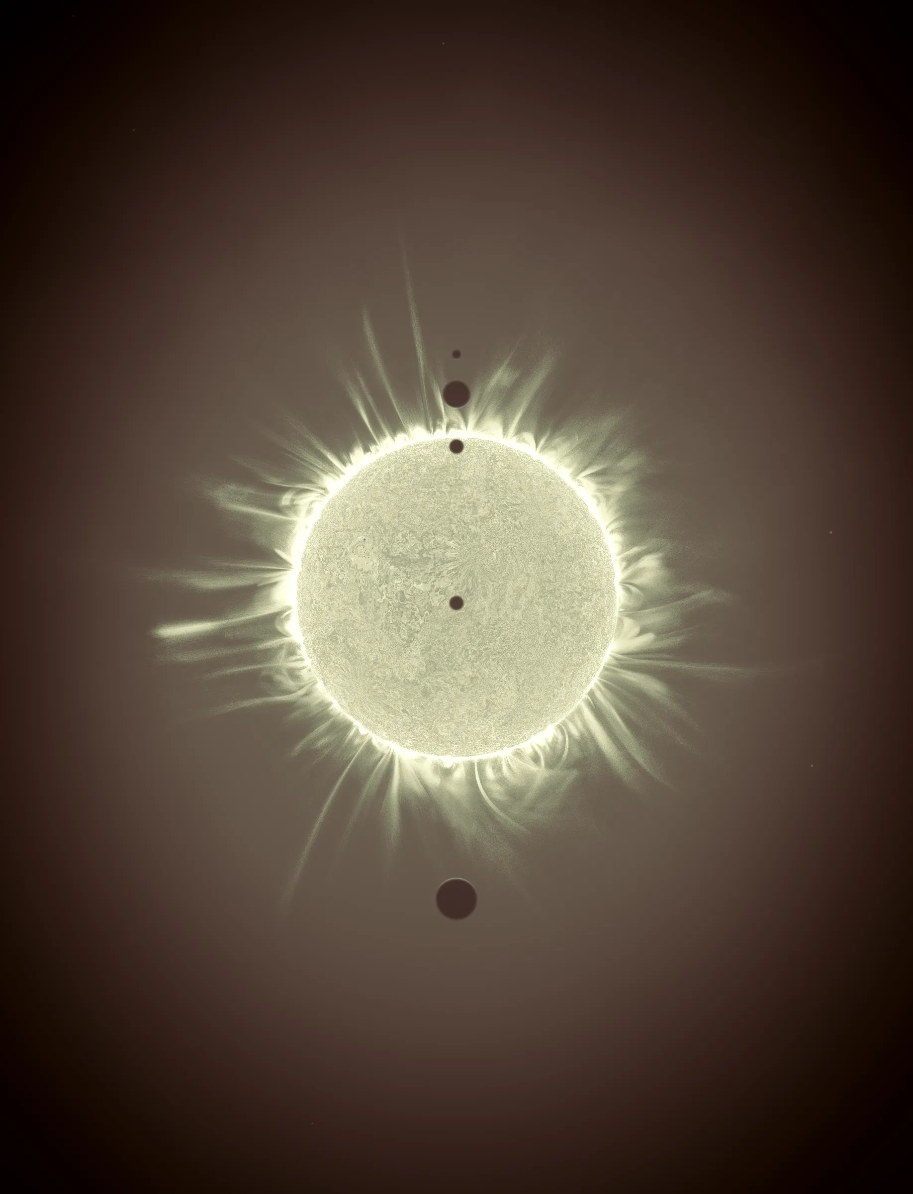Solar Transits is a procedural exploration of the origins of astrophotography. Each image in this series depicts a randomly generated astronomical event but viewed through the lens of mid-to-late 19th century image capture techniques. The collection features a variety of rare alignments of stars, planets and moons, and are rendered in the spirit of the daguerreotype.

In June of 2012, I took a trip to Minneapolis to speak at the Eyeo Festival. Venus was going to transit while I was there. I was curious. I had not seen a transit before. At 5:09 pm on June 5th, a nearly imperceptible black circle began its march across the sun. Were it not a predicted mathematical certainty, it is doubtful anyone would have noticed. For six minutes, the light from the sun was 0.087% dimmer.

It is a significant thing to see an object silhouetted against the sun. We are so accustom to seeing our perfect circle of pure light that we can't help but to celebrate the occasions where something blocks the view. I still feel a little more excitement when a slight shadow shoots across the landscape on a cloudless day, the source being an extremely rare transit of a commercial jet liner.

Exponentially more rare is the planetary transit. When Venus hangs on the horizon, glowing against the night sky, it is all too easy to think it another star. Only when it is viewed in silhouette can its position in our universe be fully appreciated: orbitally locked like us, and forever drawing it's path around the sun. That tiny black circle effected me in a big way. The scale of the cosmos shifted into perspective. That doesn’t happen often. I was incredibly moved. It was an experience I will never forget. This project is an homage to that strange once-in-a-lifetime event.

As it turns out, I was very lucky to have seen it at all. In the time since my birth in 1972, a Venus transit has only happened twice. The 1st time was in 2004 but I lived in a part of the world where it was not visible. The 2nd time was in 2012. Unless I live to be 145 years old, there won’t be a 3rd time. There are a couple silver linings: the Great American solar eclipse is on April 8 2024, and Mercury will transit in 2032.

The first 10 sales will have the option to purchase their output in the form of a framed daguerreotype.