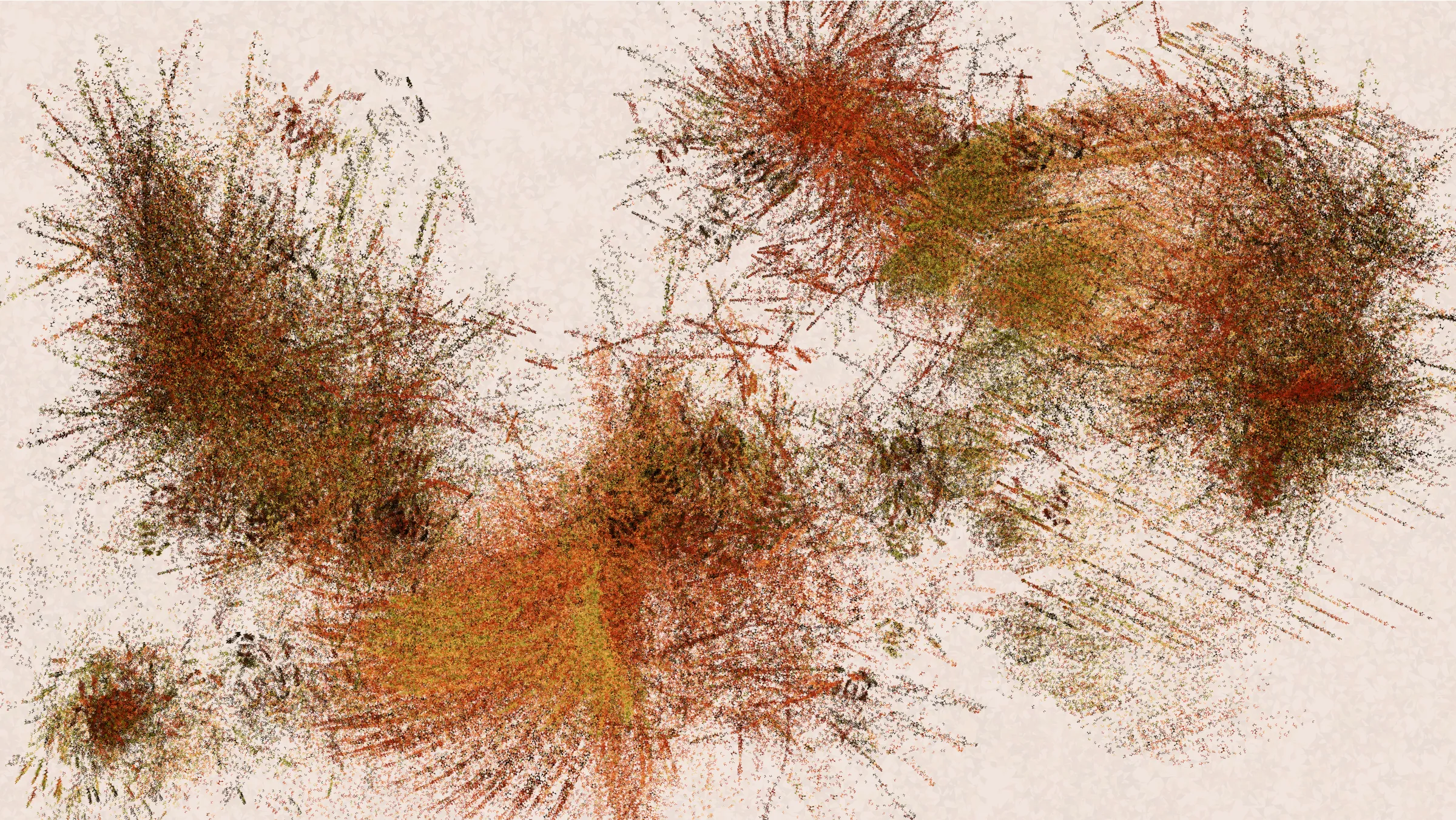 How can intent be communicated when ideas are filtered through a pseudorandom number generator? Simply looking at the output does not make it clear whether a stroke is placed on the canvas because of a decision by the artist or by a roll of the dice. The artist’s hand is more present in the process than the result; they choose the algorithms, tune the parameters, and prune the features. As I experimented with my code, I held a particular idea in mind, but I was uncertain how it would finally manifest. I pursued a visual composition that made me feel a certain way, and the visuals I landed on communicate my feeling better than anything I can put into words. Through Curved Air is about the challenge of communication. Regardless of the medium, I can never be certain that the message I intend to send is the message that is received.

Through Curved Air takes inspiration from musical minimalism, where repetition is used to highlight changes in rhythm and harmony. Every output is created by repeatedly copying a single shape. Each copy only has meaning in relation to the other shapes nearby, and that meaning changes with the context around it. Delicate structures form and are subsequently obscured by further layers, and though they may be hidden, they still affect the perception of the final image. Clicking on the canvas will start or stop the looping mode, where the image is recreated in a slightly different way. New facets are exposed as the composition changes yet remains the same. Just as I spend my days trying to share my inner experience through my art, Through Curved Air uses each shape and each loop and each token hash to attempt to create a common feeling between myself and the viewer.

Through Curved Air also takes inspiration from the paintings of Joan Mitchell. I was drawn to her expressive strokes, vibrant colors, and use of negative space, all of which come together to give a more intense feeling of looking at a landscape than just looking at a painting of a landscape. Her energetic marks clearly communicate that there is a human being behind the art. The marks of generative works are often similarly representative of the underlying process, but instead of drawing focus to the artist behind the piece, they draw attention to the algorithm. To convey human emotion in the way I intended, I had to use a subtler algorithm.

The technical tools to convey this emotion are tools I have been consistently developing in my practice. I love making generative art because I can design a system where I understand how all the components work, but they can still come together to produce a result that surprises me. The algorithm behind the compositional variation in my earlier works Coquina and Primordial is one I continued to evolve, and it rests at the heart of Through Curved Air. In fact, I pushed it further than ever, using it to create the individual shapes that form the building block of each output. This emergent variation permeates the work and results in surprising images that more closely resemble paintings than anything I made previously. I believe the potential for surprise is key to conveying emotion through code. When the possibility space of the algorithm grows too large to understand, the mind wanders to the person behind the algorithm. Perhaps the human element is the struggle to understand, or the struggle to be understood.