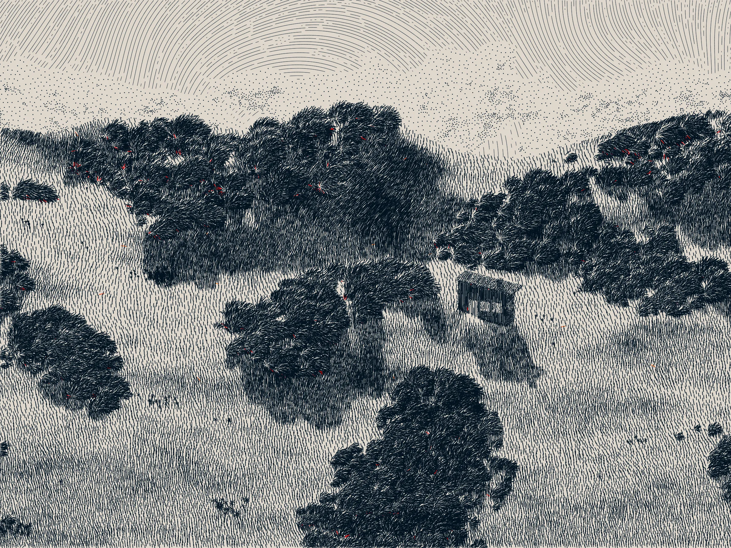 *Life and Love and Nothing is released as part of reGEN, a special charitable auction of generative art to raise funds for Cure Alzheimer’s Fund, curated by Alex Estorick and Foteini Valeonti in collaboration with The Giving Block.*

This is an illustration of a wildfire burning through a cabin and the surrounding hillside, rendered stylistically with pen and paper in mind. 

Once a year, the fire will ignite and burn until the cabin and the hillside are consumed. After burning, the cabin and the hillside will regenerate, and the cycle will start again.

The cabin represents a person, and the surrounding hillside their mind and memories.

The fire represents disease, burning through the person’s memories from the most recent and least established, through to the oldest and most ingrained.

My hope is that this can illustrate both the pain caused by disease and the beauty of the time we have to hold onto memories and loved ones.

Life is short, bodies degrade, houses burn. But, before that, there is life; there is love; there is creation – these things are beautiful.

Consider where you are placing your efforts.
Pursue what is important.
Take the time to see someone you love.
Take the time to do something you love.

There’s only so much time.