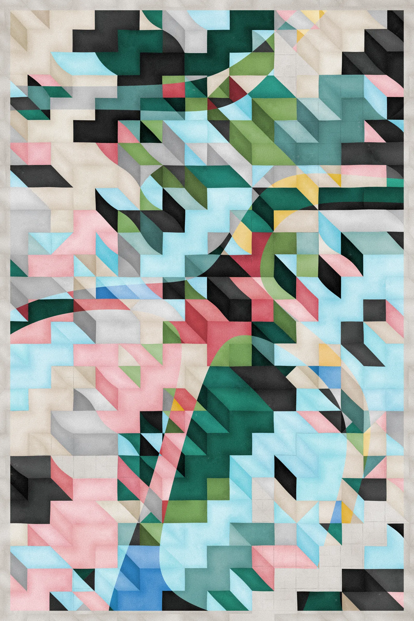 **Trichro-matic** meditates on perception.

As you explore the piece, your perception of the structure shifts. Elements change their relationships - what is out turns in; what is flat deepens. What stood adjacent now occludes.

The piece uses rhythmic color and form, displacement, and juxtaposition to create structures that invite interpretation and exploration. Some outputs challenge our depth perception conventions, while others manipulate explicit structural cues and emphasize intentional imperfections.

From this concept, the piece gets its name - Trichro-matic - denoting the ability to perceive using all three primary colors. The hyphenated "o-matic" denotes fictional machinery, hinting at the generative system supporting the piece. Both hand-selected and algorithmically-generated color palettes feature, with the latter aiming to elicit emotions akin to the former.

When you explore an output from different starting points, you understand the elements' relationships differently. In these changing interpretations, no answer is definitive. Each perspective, whether your first, your last, or someone else's, is valid.

Prints will be available for Trichro-matic owners. For more details, visit [this link](https://www.mountvitruvius.art).

Note: Renders might take longer on lower-end or mobile devices. This piece is my most technically complex release to date, relying on a custom GPU render process which can demand significant resources, even if outputs appear simple.

Finally, I dedicate this piece to my father, who suffered vision loss from a stroke in September 2023.