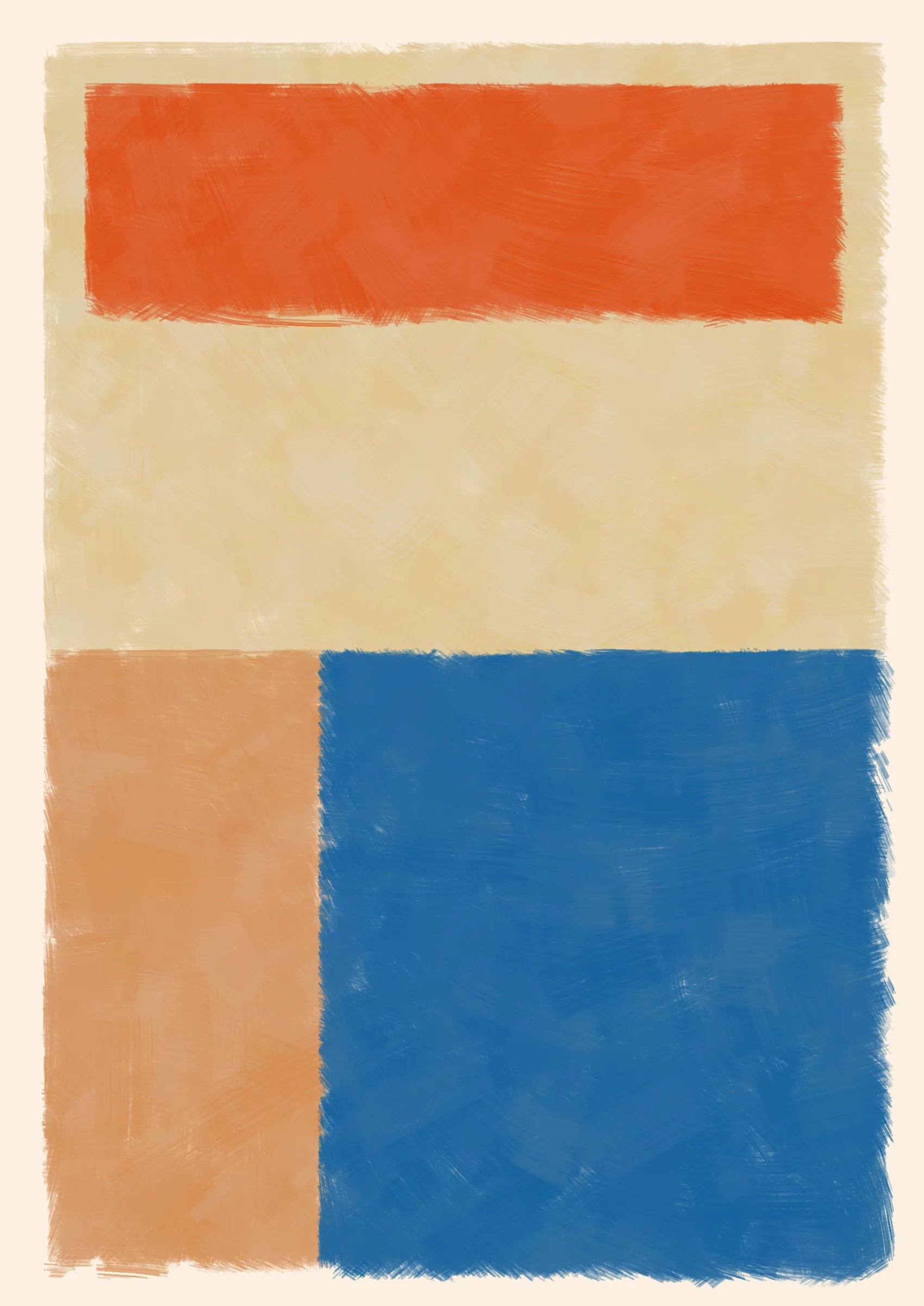### Good job, Computer. Do that some more.

To what degree can we teach a computer to make a painting? One that resembles creation from the imperfect hand of a human. Here, the computer attempts to hide itself from the viewer in the details, such as inconsistent borders or uneven layers of paint. Intentional flaws that a human might make unintentionally.
Good, Computer is an exploration of not only how small cumulative inaccuracies create complete images, but also the forms and harmonies that those images evoke.

Consider the following:

***A set of 4 colors is to be considered -- singly as "actors," together as "cast." They are to be presented in 4 different arrangements -- as "performances."***
***Although they remain unchanged in hue and light, in "character", and appear in an unchanging outer frame, the "stage", they are to produce 4 different "scenes" or "plays," each to be so different that one and the same set of colors will be seen as 4 different sets, presented by 4 different casts.***
***And all this can be achieved mainly through changes in quantity which result in shifts of dominance, of recurrence, and consequently of placement.***
***The essential question: which group of colors is ready to lose its identity as a cast?*** 
***-- Josef Albers***

We can answer this question simply by asking ourselves why we're drawn to some arrangements more than others. In doing so, we consider not just tone, but also quantity, intensity and weight in order to form new relationships between the colours. And as such the viewer gives each image their own subjective personality.

---

Press `s` to save image.