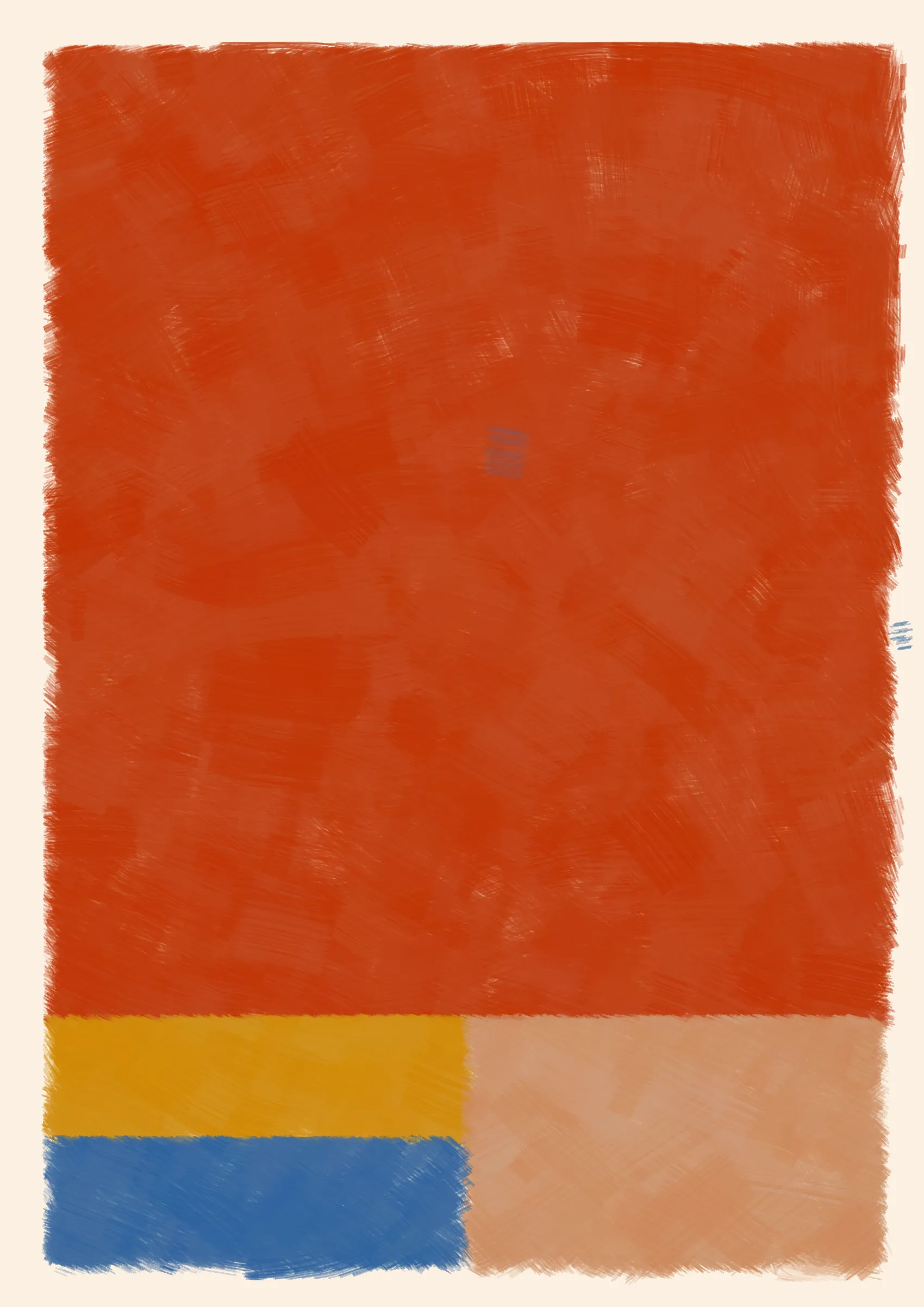 ### Good job, Computer. Do that some more.

To what degree can we teach a computer to make a painting? One that resembles creation from the imperfect hand of a human. Here, the computer attempts to hide itself from the viewer in the details, such as inconsistent borders or uneven layers of paint. Intentional flaws that a human might make unintentionally.
Good, Computer is an exploration of not only how small cumulative inaccuracies create complete images, but also the forms and harmonies that those images evoke.

Consider the following:

***A set of 4 colors is to be considered -- singly as "actors," together as "cast." They are to be presented in 4 different arrangements -- as "performances."***
***Although they remain unchanged in hue and light, in "character", and appear in an unchanging outer frame, the "stage", they are to produce 4 different "scenes" or "plays," each to be so different that one and the same set of colors will be seen as 4 different sets, presented by 4 different casts.***
***And all this can be achieved mainly through changes in quantity which result in shifts of dominance, of recurrence, and consequently of placement.***
***The essential question: which group of colors is ready to lose its identity as a cast?*** 
***-- Josef Albers***

We can answer this question simply by asking ourselves why we're drawn to some arrangements more than others. In doing so, we consider not just tone, but also quantity, intensity and weight in order to form new relationships between the colours. And as such the viewer gives each image their own subjective personality.

---

Press `s` to save image.