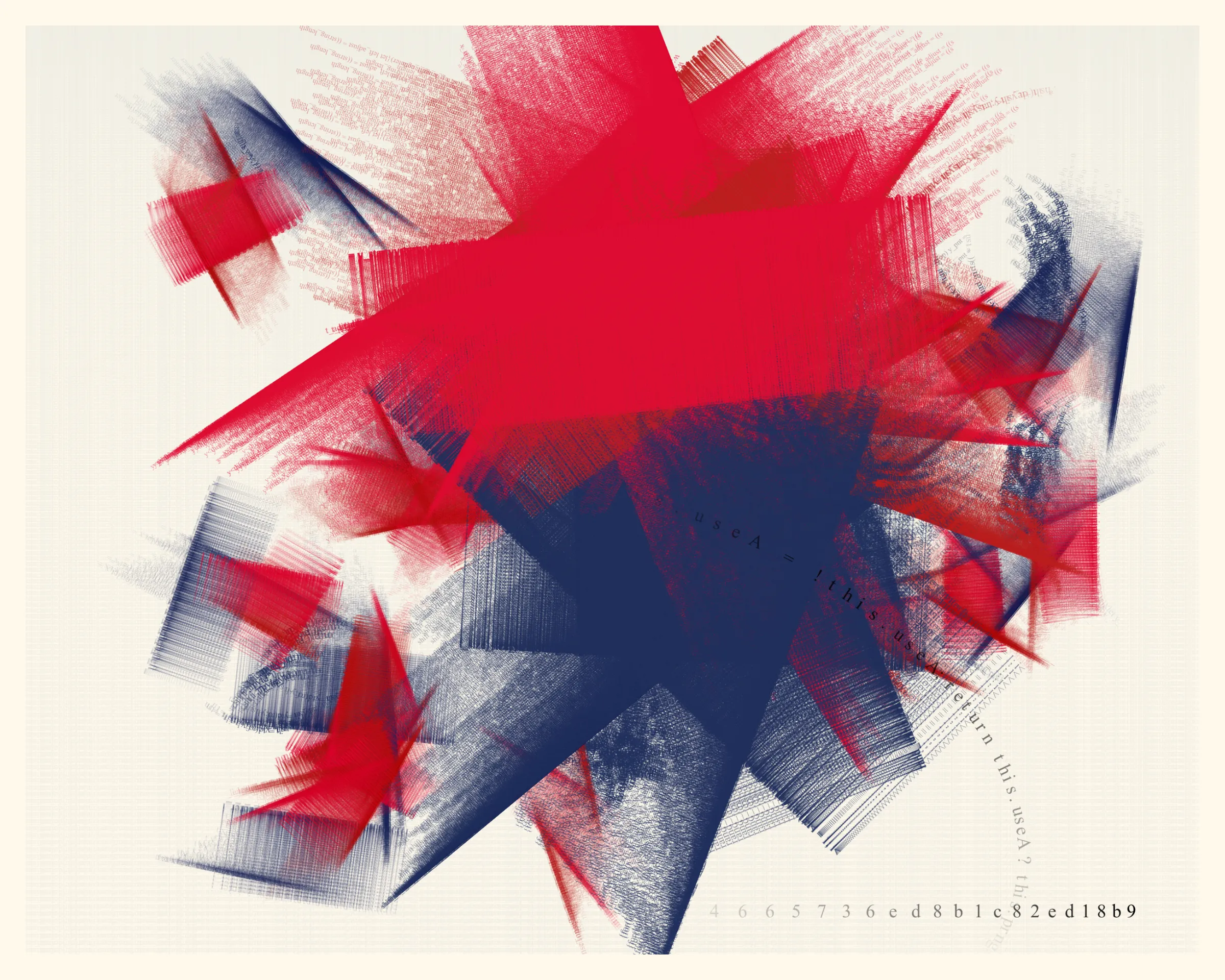In this collection, each mark on the digital canvas is made by text of the algorithm that created it. When viewing Symbol 1, you’re viewing its code – logic becoming art.

If you look closely at an oil painting you may see brushstrokes. If you look closely at an iteration of Symbol 1, you'll see snippets of the code that generates the piece itself: text from for() loops repeated over and over; the Random() function itself weaving through the piece; and the hash code, like an artist signature, displayed on the bottom right.

Organic and mechanical forces have long been in tension in art and architecture. Art nouveau's floral  curves vs. art deco's industrial geometry, Jackson Pollock's declaration “I am nature” vs. Andy Warhol's confession “I want to be a machine,” etc.

This conversation continues in generative art. One collection might appear surprisingly organic, as if crafted by hand; another might appear strictly computer generated, showing the expressive power of machines.

Symbol 1 joins this conversation, offering another way to synthesize the natural and the mechanical. Just as a crashing ocean wave could be explained mathematically by the forces that generated it, an image in Symbol 1 appears almost chaotic while revealing the logic that created it.

About the title: Symbol 1 is a term from First Principles, a chapter in The Mathematical Analysis of Logic (1847) by George Boole, a founder of modern logic. For Boole, “symbol 1” represents “the Universe comprehending every conceivable class of objects, whether actually existing or not.”