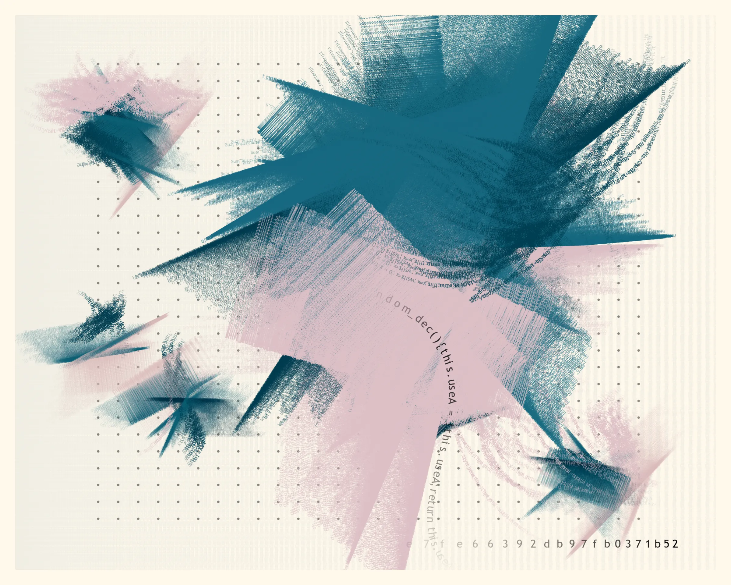 In this collection, each mark on the digital canvas is made by text of the algorithm that created it. When viewing Symbol 1, you’re viewing its code – logic becoming art.

If you look closely at an oil painting you may see brushstrokes. If you look closely at an iteration of Symbol 1, you'll see snippets of the code that generates the piece itself: text from for() loops repeated over and over; the Random() function itself weaving through the piece; and the hash code, like an artist signature, displayed on the bottom right.

Organic and mechanical forces have long been in tension in art and architecture. Art nouveau's floral  curves vs. art deco's industrial geometry, Jackson Pollock's declaration “I am nature” vs. Andy Warhol's confession “I want to be a machine,” etc.

This conversation continues in generative art. One collection might appear surprisingly organic, as if crafted by hand; another might appear strictly computer generated, showing the expressive power of machines.

Symbol 1 joins this conversation, offering another way to synthesize the natural and the mechanical. Just as a crashing ocean wave could be explained mathematically by the forces that generated it, an image in Symbol 1 appears almost chaotic while revealing the logic that created it.

About the title: Symbol 1 is a term from First Principles, a chapter in The Mathematical Analysis of Logic (1847) by George Boole, a founder of modern logic. For Boole, “symbol 1” represents “the Universe comprehending every conceivable class of objects, whether actually existing or not.”