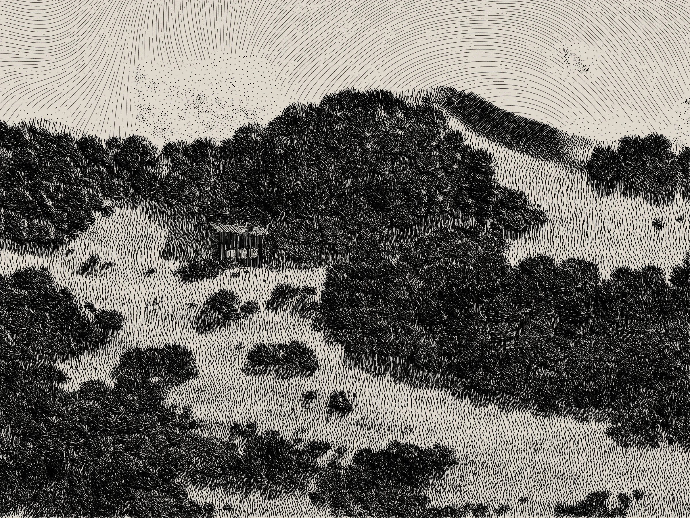 *Life and Love and Nothing is released as part of reGEN, a special charitable auction of generative art to raise funds for Cure Alzheimer’s Fund, curated by Alex Estorick and Foteini Valeonti in collaboration with The Giving Block.*

This is an illustration of a wildfire burning through a cabin and the surrounding hillside, rendered stylistically with pen and paper in mind. 

Once a year, the fire will ignite and burn until the cabin and the hillside are consumed. After burning, the cabin and the hillside will regenerate, and the cycle will start again.

The cabin represents a person, and the surrounding hillside their mind and memories.

The fire represents disease, burning through the person’s memories from the most recent and least established, through to the oldest and most ingrained.

My hope is that this can illustrate both the pain caused by disease and the beauty of the time we have to hold onto memories and loved ones.

Life is short, bodies degrade, houses burn. But, before that, there is life; there is love; there is creation – these things are beautiful.

Consider where you are placing your efforts.
Pursue what is important.
Take the time to see someone you love.
Take the time to do something you love.

There’s only so much time.
