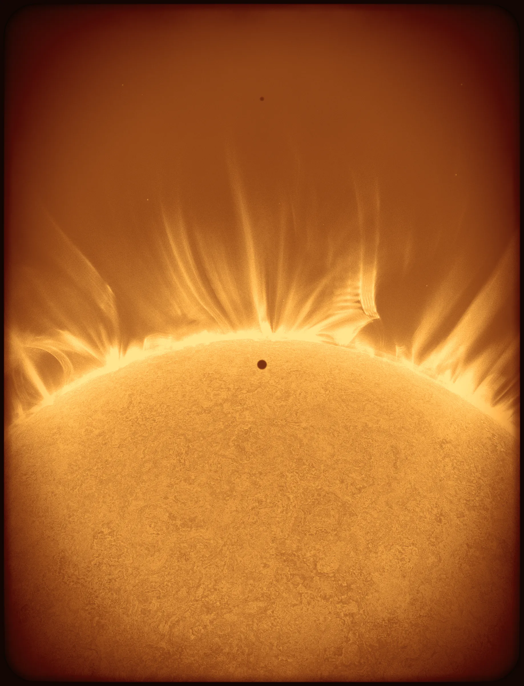 Solar Transits is a procedural exploration of the origins of astrophotography. Each image in this series depicts a randomly generated astronomical event but viewed through the lens of mid-to-late 19th century image capture techniques. The collection features a variety of rare alignments of stars, planets and moons, and are rendered in the spirit of the daguerreotype.

In June of 2012, I took a trip to Minneapolis to speak at the Eyeo Festival. Venus was going to transit while I was there. I was curious. I had not seen a transit before. At 5:09 pm on June 5th, a nearly imperceptible black circle began its march across the sun. Were it not a predicted mathematical certainty, it is doubtful anyone would have noticed. For six minutes, the light from the sun was 0.087% dimmer.

It is a significant thing to see an object silhouetted against the sun. We are so accustom to seeing our perfect circle of pure light that we can't help but to celebrate the occasions where something blocks the view. I still feel a little more excitement when a slight shadow shoots across the landscape on a cloudless day, the source being an extremely rare transit of a commercial jet liner.

Exponentially more rare is the planetary transit. When Venus hangs on the horizon, glowing against the night sky, it is all too easy to think it another star. Only when it is viewed in silhouette can its position in our universe be fully appreciated: orbitally locked like us, and forever drawing it's path around the sun. That tiny black circle effected me in a big way. The scale of the cosmos shifted into perspective. That doesn’t happen often. I was incredibly moved. It was an experience I will never forget. This project is an homage to that strange once-in-a-lifetime event.

As it turns out, I was very lucky to have seen it at all. In the time since my birth in 1972, a Venus transit has only happened twice. The 1st time was in 2004 but I lived in a part of the world where it was not visible. The 2nd time was in 2012. Unless I live to be 145 years old, there won’t be a 3rd time. There are a couple silver linings: the Great American solar eclipse is on April 8 2024, and Mercury will transit in 2032.

The first 10 sales will have the option to purchase their output in the form of a framed daguerreotype.