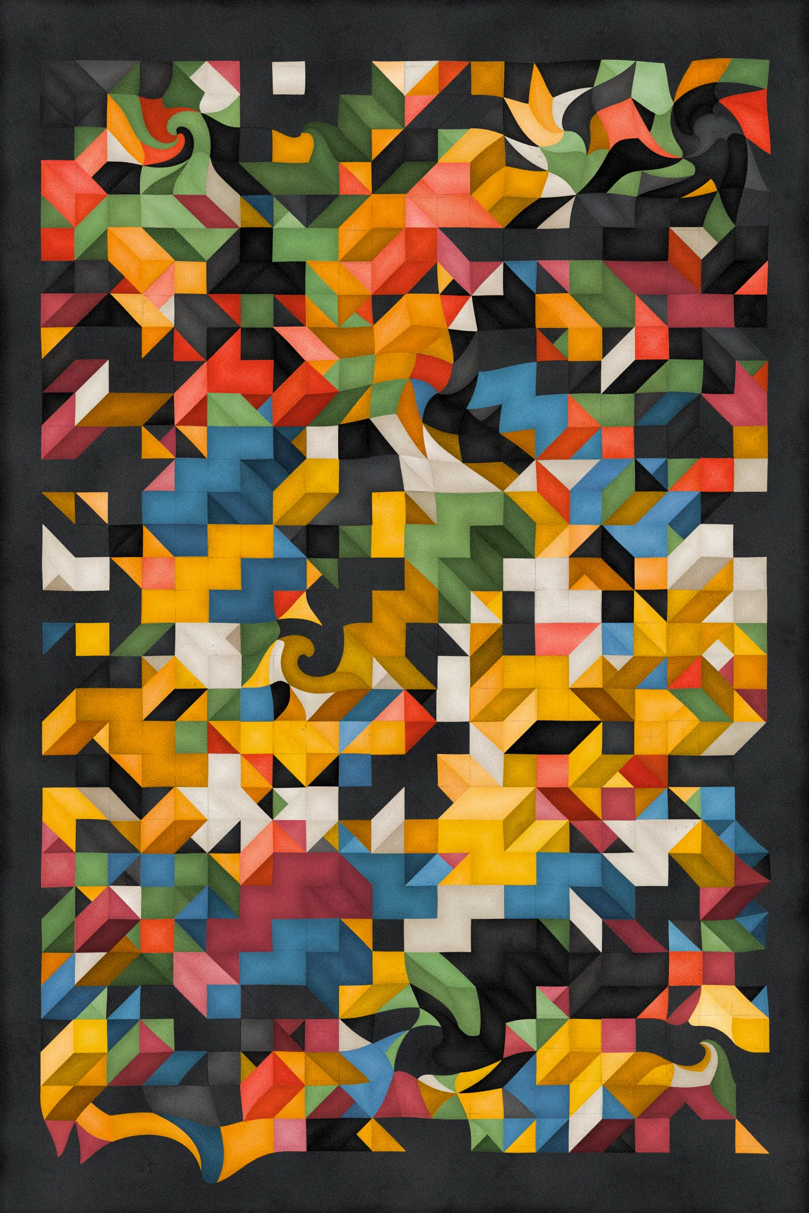 **Trichro-matic** meditates on perception.

As you explore the piece, your perception of the structure shifts. Elements change their relationships - what is out turns in; what is flat deepens. What stood adjacent now occludes.

The piece uses rhythmic color and form, displacement, and juxtaposition to create structures that invite interpretation and exploration. Some outputs challenge our depth perception conventions, while others manipulate explicit structural cues and emphasize intentional imperfections.

From this concept, the piece gets its name - Trichro-matic - denoting the ability to perceive using all three primary colors. The hyphenated "o-matic" denotes fictional machinery, hinting at the generative system supporting the piece. Both hand-selected and algorithmically-generated color palettes feature, with the latter aiming to elicit emotions akin to the former.

When you explore an output from different starting points, you understand the elements' relationships differently. In these changing interpretations, no answer is definitive. Each perspective, whether your first, your last, or someone else's, is valid.

Prints will be available for Trichro-matic owners. For more details, visit [this link](https://www.mountvitruvius.art).

Note: Renders might take longer on lower-end or mobile devices. This piece is my most technically complex release to date, relying on a custom GPU render process which can demand significant resources, even if outputs appear simple.

Finally, I dedicate this piece to my father, who suffered vision loss from a stroke in September 2023.