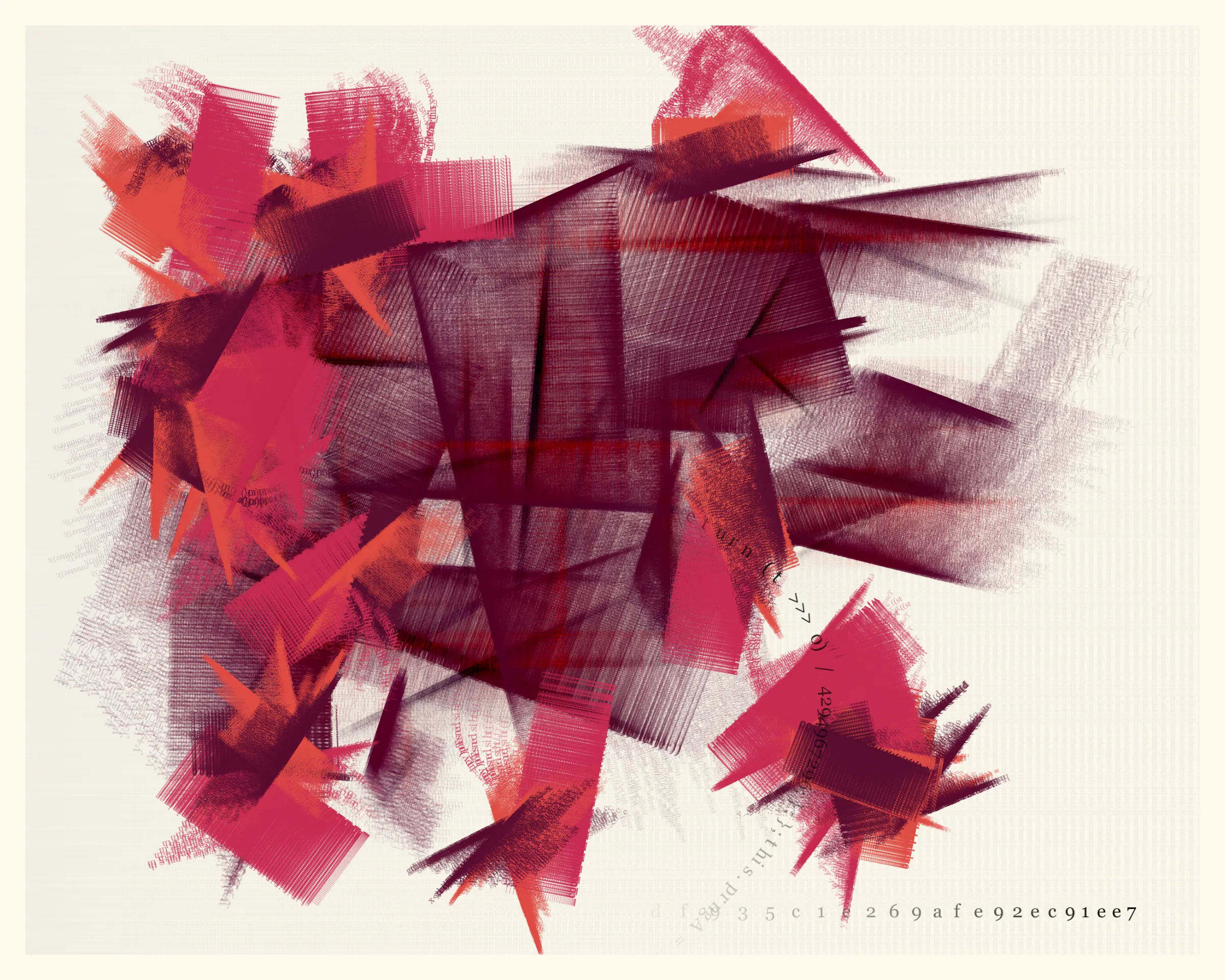 In this collection, each mark on the digital canvas is made by text of the algorithm that created it. When viewing Symbol 1, you’re viewing its code – logic becoming art.

If you look closely at an oil painting you may see brushstrokes. If you look closely at an iteration of Symbol 1, you'll see snippets of the code that generates the piece itself: text from for() loops repeated over and over; the Random() function itself weaving through the piece; and the hash code, like an artist signature, displayed on the bottom right.

Organic and mechanical forces have long been in tension in art and architecture. Art nouveau's floral  curves vs. art deco's industrial geometry, Jackson Pollock's declaration “I am nature” vs. Andy Warhol's confession “I want to be a machine,” etc.

This conversation continues in generative art. One collection might appear surprisingly organic, as if crafted by hand; another might appear strictly computer generated, showing the expressive power of machines.

Symbol 1 joins this conversation, offering another way to synthesize the natural and the mechanical. Just as a crashing ocean wave could be explained mathematically by the forces that generated it, an image in Symbol 1 appears almost chaotic while revealing the logic that created it.

About the title: Symbol 1 is a term from First Principles, a chapter in The Mathematical Analysis of Logic (1847) by George Boole, a founder of modern logic. For Boole, “symbol 1” represents “the Universe comprehending every conceivable class of objects, whether actually existing or not.”