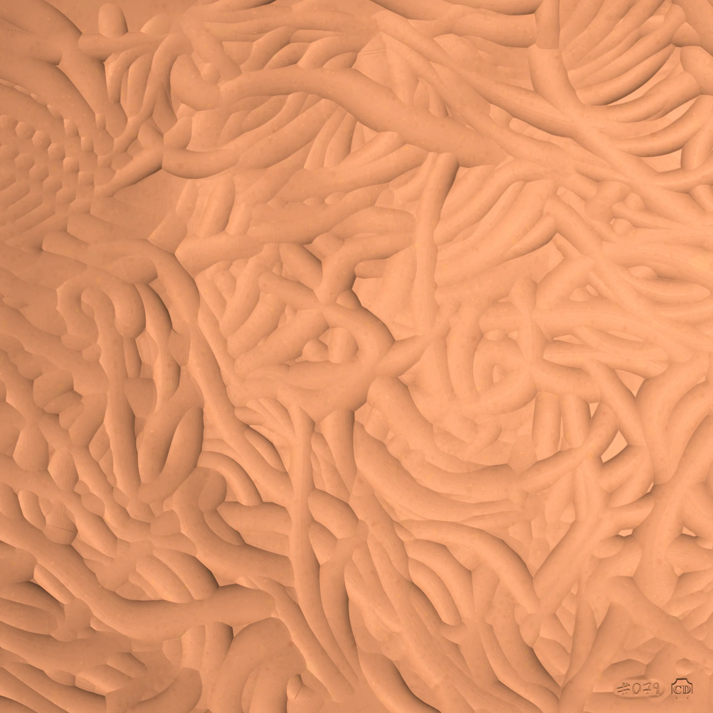 Inside the computer there’s a digital hand. The hand selects a metal implement, cuts off a slab of clay, and carves into its surface. It wanders like your hand wanders; it carves imaginary contours, sinuous and exploratory. It doesn’t know the end result so it carves lines until it feels content, and then it numbers the piece and stamps its maker’s mark. It fires the slab in a digital kiln (it calls this “minting”) and through this act its art is preserved for millennia. The hand runs its fingers over the textured surface, feeling satisfaction at having spontaneously produced a piece of art so beautiful, expressive, and unique.

---
 
Ceramics is a generative sculpture that mimics the physical expression of carving into clay. Through uncanny naturalistic rendering it challenges our notion of “handmade”. It asserts that the value of handmade isn’t the time it takes to make the work nor the physical materials consumed, but the endless small decisions and serendipitous details that appear along the way, as can be felt in each Ceramics mint.

Despite the handmade nature of Ceramics the outputs cannot be touched. Highly tactile images enchant the viewer to imagine their tangible representations, and leave them to dwell on their perception of materiality — both in the experiential physical world and conceptually-infinite digital space.