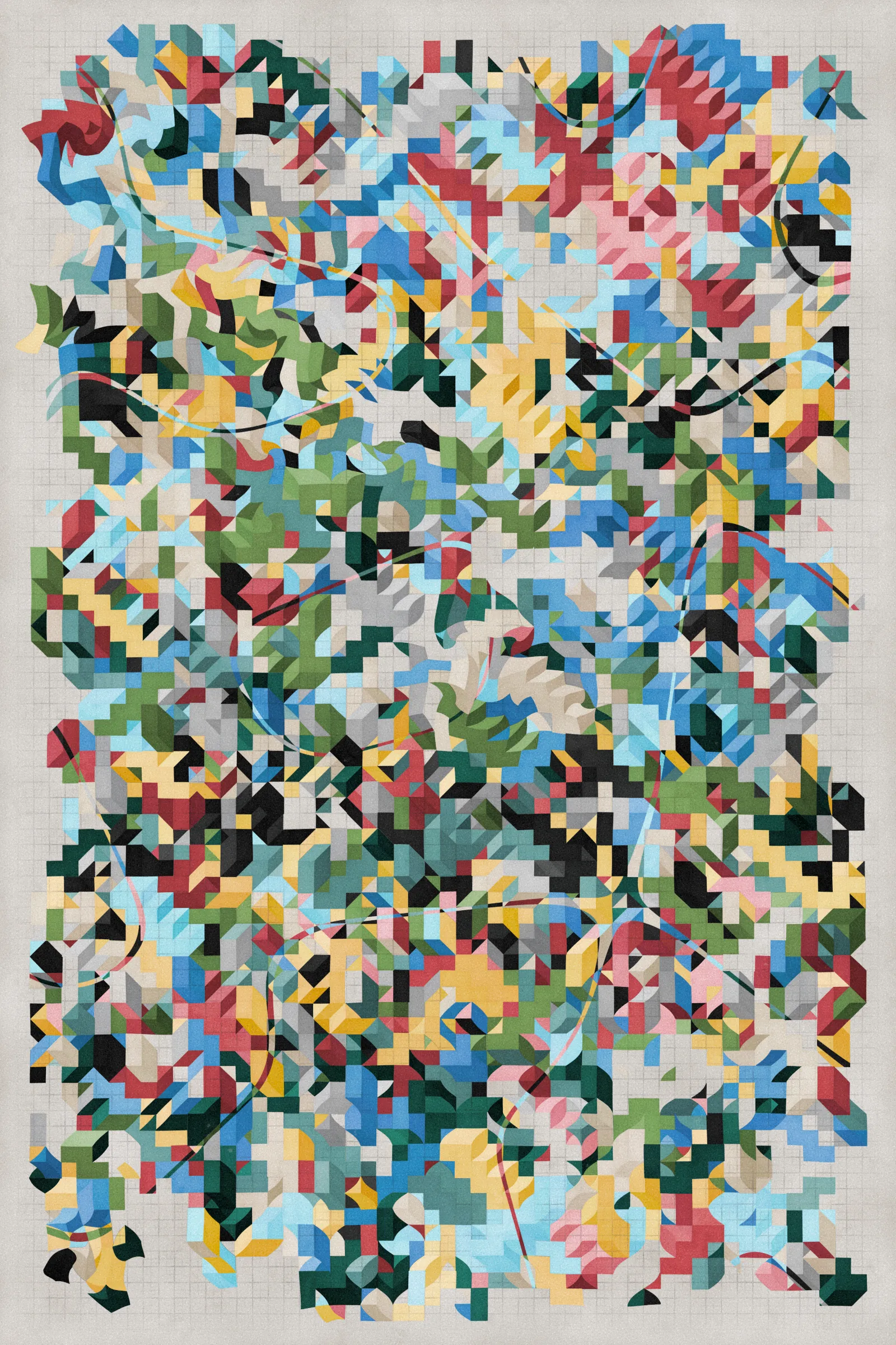 **Trichro-matic** meditates on perception.

As you explore the piece, your perception of the structure shifts. Elements change their relationships - what is out turns in; what is flat deepens. What stood adjacent now occludes.

The piece uses rhythmic color and form, displacement, and juxtaposition to create structures that invite interpretation and exploration. Some outputs challenge our depth perception conventions, while others manipulate explicit structural cues and emphasize intentional imperfections.

From this concept, the piece gets its name - Trichro-matic - denoting the ability to perceive using all three primary colors. The hyphenated "o-matic" denotes fictional machinery, hinting at the generative system supporting the piece. Both hand-selected and algorithmically-generated color palettes feature, with the latter aiming to elicit emotions akin to the former.

When you explore an output from different starting points, you understand the elements' relationships differently. In these changing interpretations, no answer is definitive. Each perspective, whether your first, your last, or someone else's, is valid.

Prints will be available for Trichro-matic owners. For more details, visit [this link](https://www.mountvitruvius.art).

Note: Renders might take longer on lower-end or mobile devices. This piece is my most technically complex release to date, relying on a custom GPU render process which can demand significant resources, even if outputs appear simple.

Finally, I dedicate this piece to my father, who suffered vision loss from a stroke in September 2023.