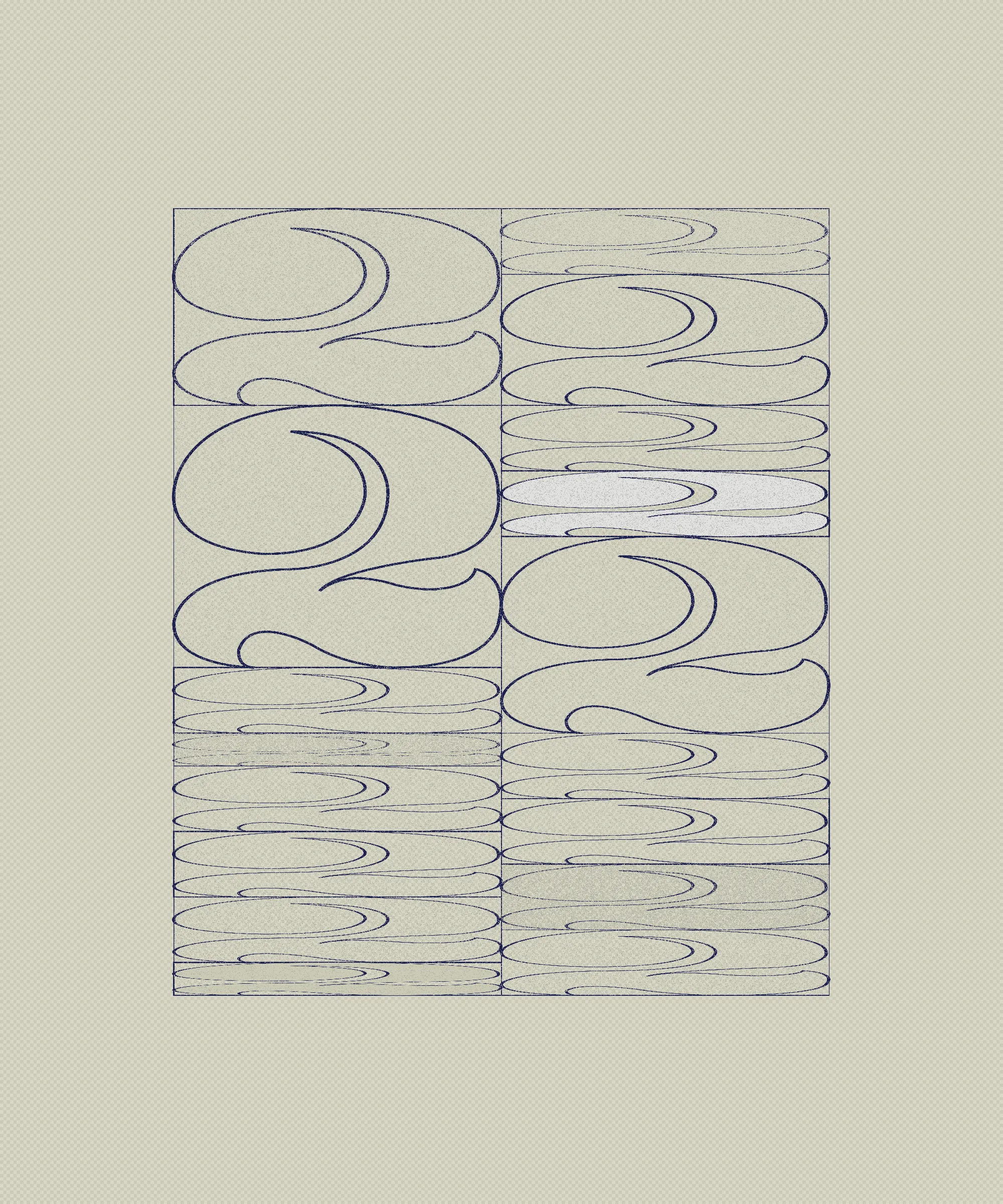 When I was working in graphic design and immersed in typography, I spent a year and a half designing this “2”. A personal obsession, I drew and redrew it hundreds of times until I felt it reached the perfect form in balance, weight, and drama.

This generative series revisits my captivation with this character object, using the algorithm as a tool for continued obsession and exploration. I want people to experience this collection and never see a “2” in the same way again. I also want to remind viewers that exquisiteness can exist in any mundane thing.

My background in graphic design and typography is ingrained in how I think. Regardless of medium, I have always been a designer of iteration, exhaustively trialing possibilities within a set of constraints to uncover the best way, or the most ways. Twos takes a “perfected” form and puts it to a further test. Different outputs situate the form in different contexts, look at it askew, or emphasize isolated parts of it for endless results.

The texture within the collection is inspired by low resolution effects (pixelation) and textures that arise from analog printmaking techniques and pen lines. It blends the hand-drawn nature of my original “2” with the power of obsessive exploration only possible with computer generative iteration. Layers of tiny squares, under and above the characters, are used to mimic the texture of a pen or a stamp. Found in much of my work, these “visible pixels” represent the physical module upon which digital art is created - and by calling back to pixel art, act as a reminder that code is still a craft, and the generated image isn’t far from the artist’s hand.

Beyond the beauty of the form, the number two is a special quantity because it implies possibilities beyond itself. A system containing zero or one elements is inert. Two creates an interaction, a dyad, and implies the possibility of more than two – an expanding system. In computer programming, this is expressed as the "zero, one, infinity" rule. The two represents a potentially endless continuation.

Each feature in the collection represents either the analog or the digital journey of this character. Some compositions render each symbol as linework, reminiscent of its earliest hand drawn form. Others render it as the solid numeral, completed after its long journey of iteration. Some compositions are gridded, others are organic and loose. Some are contained by a frame, others are open and unrestrained.

Color enters a few outputs: the mark of new technological tools like the first colored ink in printing, or the move from black and white to digital screens. The brightest hues used depend on light emittance of the screen and wouldn’t translate exactly when printed in standard inks. But in a further application of constraint, most outputs are neutral in color, keeping the focus on the formal obsession with this small, beautiful character.