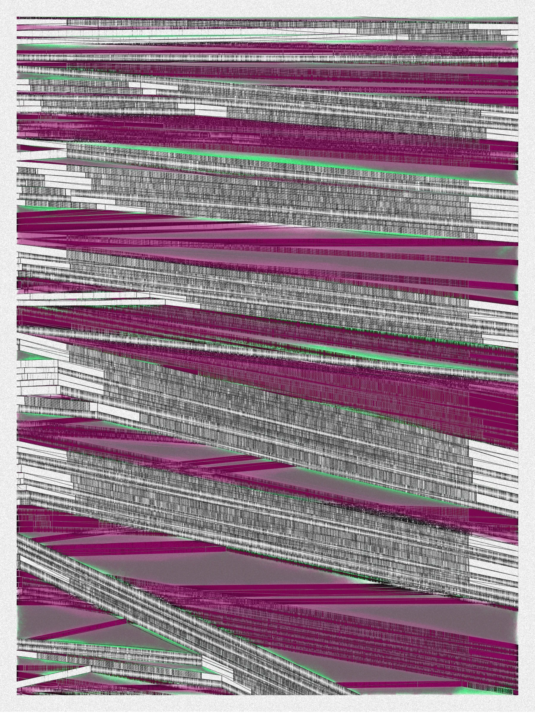 # Neural Sediments

## “Before objectivity, there was truth to nature; after the advent of objectivity came trained judgment”

Lorraine Daston, Peter Galison

Improving my decision-making process is how I would sum up my lifelong quest. Understanding yourself and the unlimited variables and actors surrounding us daily requires a radical yet utopian pursuit of objectivity.

A prerequisite to an objective observation is identifying and eliminating cognitive and observational biases.

My obsession with objectivity started as a sociology student; while studying epistemology of science and pondering the works of Emile Durkheim, Max Weber, and Karl Popper.

This quest never left me and has been a cornerstone of my artistic practice for 25 years.

“The map is not the territory” is a mainstream expression highlighting a potentially oversimplified version of reality. In this series called Neural Sediments, inspired by the works of Alberto Burri, František Kupka, and Swiss topography, I highlight the complexity of our brains and some of their biases.

Looking at one Neural Sediment will deliver you a first broad impression; however, looking at it for a longer time will yield a never-ending and much more nuanced and delicate observation. Like Alberto Burri’s Cracks series, some things not obvious to the eye become real over time. Each Neural Sediment opens itself to the viewer in a unique way. The more you look at it, the more you can decipher it. 

Like Swiss alpine glacier sediments, this material appears only after a certain amount of time and a decent amount of gravity. Burri used a special technique to envision time with cracked canvas; František Kupka, in his Katedrála painting, opens the fourth dimension by looking at the vertical lines of the glass window.

In the Neural Sediments series, I used both as an inspiration to push the viewer’s eye to search for more details and a deeper perspective.

Choosing color palettes for a long-form generative art collection is as demanding as solving technical algorithmic challenges. 

The color palettes I create result from a process I've built into my practice over time. Each palette comes from my own algorithmic selection trained on classical masterpieces.

After this first selection, each set of colors used in a Neural Sediment is re-arranged to be linked with endangered ecosystems such as dark blue waters, peach salmons, rare botanic species, or volcanos.

Like Josef Albers, who highlighted the instability and deceptiveness of colors, my color sets are here to reinforce the question of objectivity in the art world and life in general.

Looking at its overall structure, each Neural Sediment evokes a brutalist architecture. 

Prioritizing function over form, each Neural Sediment aims to be used as a tool to rediscover oneself, free from the cognitive constraints we put on ourselves and the world around us.

PS: From a technical point of view, Neural Sediments require some heavy calculations, considering the very large number of intersections to compute prior to rendering.

PPS: Pressing the letter “i” on your keyboard will generate a high resolution export for a large scale and print friendly format.