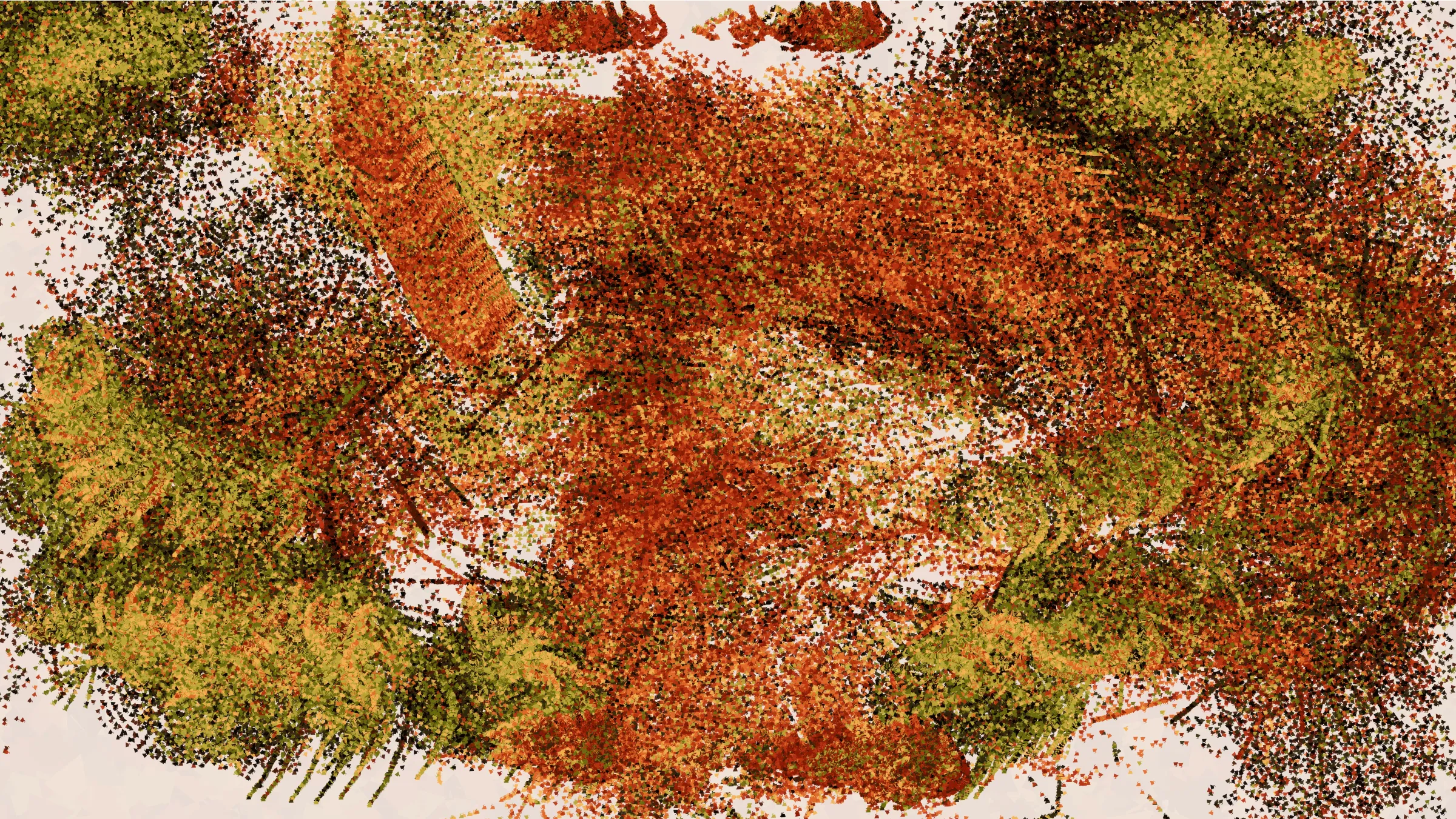 How can intent be communicated when ideas are filtered through a pseudorandom number generator? Simply looking at the output does not make it clear whether a stroke is placed on the canvas because of a decision by the artist or by a roll of the dice. The artist’s hand is more present in the process than the result; they choose the algorithms, tune the parameters, and prune the features. As I experimented with my code, I held a particular idea in mind, but I was uncertain how it would finally manifest. I pursued a visual composition that made me feel a certain way, and the visuals I landed on communicate my feeling better than anything I can put into words. Through Curved Air is about the challenge of communication. Regardless of the medium, I can never be certain that the message I intend to send is the message that is received.

Through Curved Air takes inspiration from musical minimalism, where repetition is used to highlight changes in rhythm and harmony. Every output is created by repeatedly copying a single shape. Each copy only has meaning in relation to the other shapes nearby, and that meaning changes with the context around it. Delicate structures form and are subsequently obscured by further layers, and though they may be hidden, they still affect the perception of the final image. Clicking on the canvas will start or stop the looping mode, where the image is recreated in a slightly different way. New facets are exposed as the composition changes yet remains the same. Just as I spend my days trying to share my inner experience through my art, Through Curved Air uses each shape and each loop and each token hash to attempt to create a common feeling between myself and the viewer.

Through Curved Air also takes inspiration from the paintings of Joan Mitchell. I was drawn to her expressive strokes, vibrant colors, and use of negative space, all of which come together to give a more intense feeling of looking at a landscape than just looking at a painting of a landscape. Her energetic marks clearly communicate that there is a human being behind the art. The marks of generative works are often similarly representative of the underlying process, but instead of drawing focus to the artist behind the piece, they draw attention to the algorithm. To convey human emotion in the way I intended, I had to use a subtler algorithm.

The technical tools to convey this emotion are tools I have been consistently developing in my practice. I love making generative art because I can design a system where I understand how all the components work, but they can still come together to produce a result that surprises me. The algorithm behind the compositional variation in my earlier works Coquina and Primordial is one I continued to evolve, and it rests at the heart of Through Curved Air. In fact, I pushed it further than ever, using it to create the individual shapes that form the building block of each output. This emergent variation permeates the work and results in surprising images that more closely resemble paintings than anything I made previously. I believe the potential for surprise is key to conveying emotion through code. When the possibility space of the algorithm grows too large to understand, the mind wanders to the person behind the algorithm. Perhaps the human element is the struggle to understand, or the struggle to be understood.