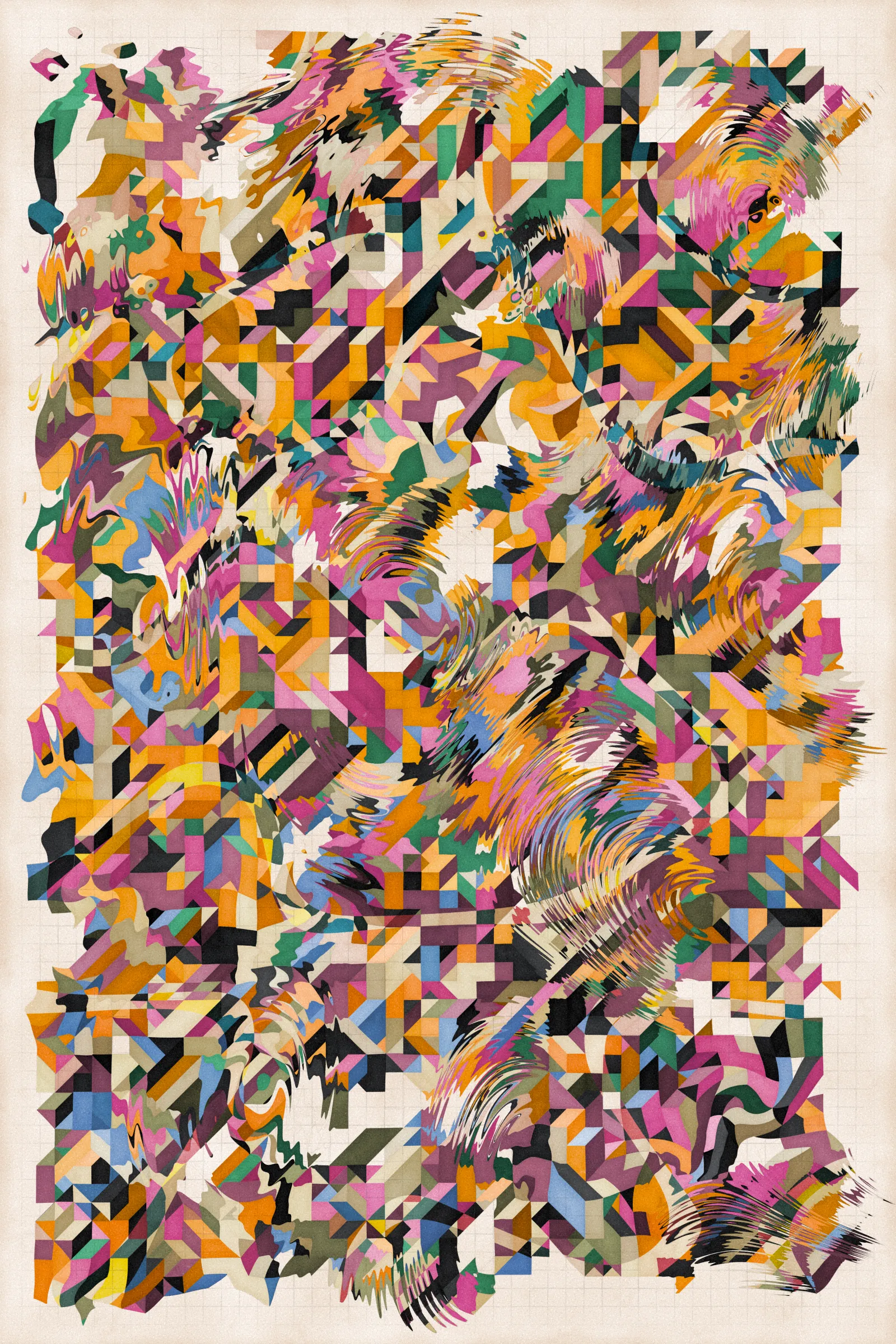 **Trichro-matic** meditates on perception.

As you explore the piece, your perception of the structure shifts. Elements change their relationships - what is out turns in; what is flat deepens. What stood adjacent now occludes.

The piece uses rhythmic color and form, displacement, and juxtaposition to create structures that invite interpretation and exploration. Some outputs challenge our depth perception conventions, while others manipulate explicit structural cues and emphasize intentional imperfections.

From this concept, the piece gets its name - Trichro-matic - denoting the ability to perceive using all three primary colors. The hyphenated "o-matic" denotes fictional machinery, hinting at the generative system supporting the piece. Both hand-selected and algorithmically-generated color palettes feature, with the latter aiming to elicit emotions akin to the former.

When you explore an output from different starting points, you understand the elements' relationships differently. In these changing interpretations, no answer is definitive. Each perspective, whether your first, your last, or someone else's, is valid.

Prints will be available for Trichro-matic owners. For more details, visit [this link](https://www.mountvitruvius.art).

Note: Renders might take longer on lower-end or mobile devices. This piece is my most technically complex release to date, relying on a custom GPU render process which can demand significant resources, even if outputs appear simple.

Finally, I dedicate this piece to my father, who suffered vision loss from a stroke in September 2023.