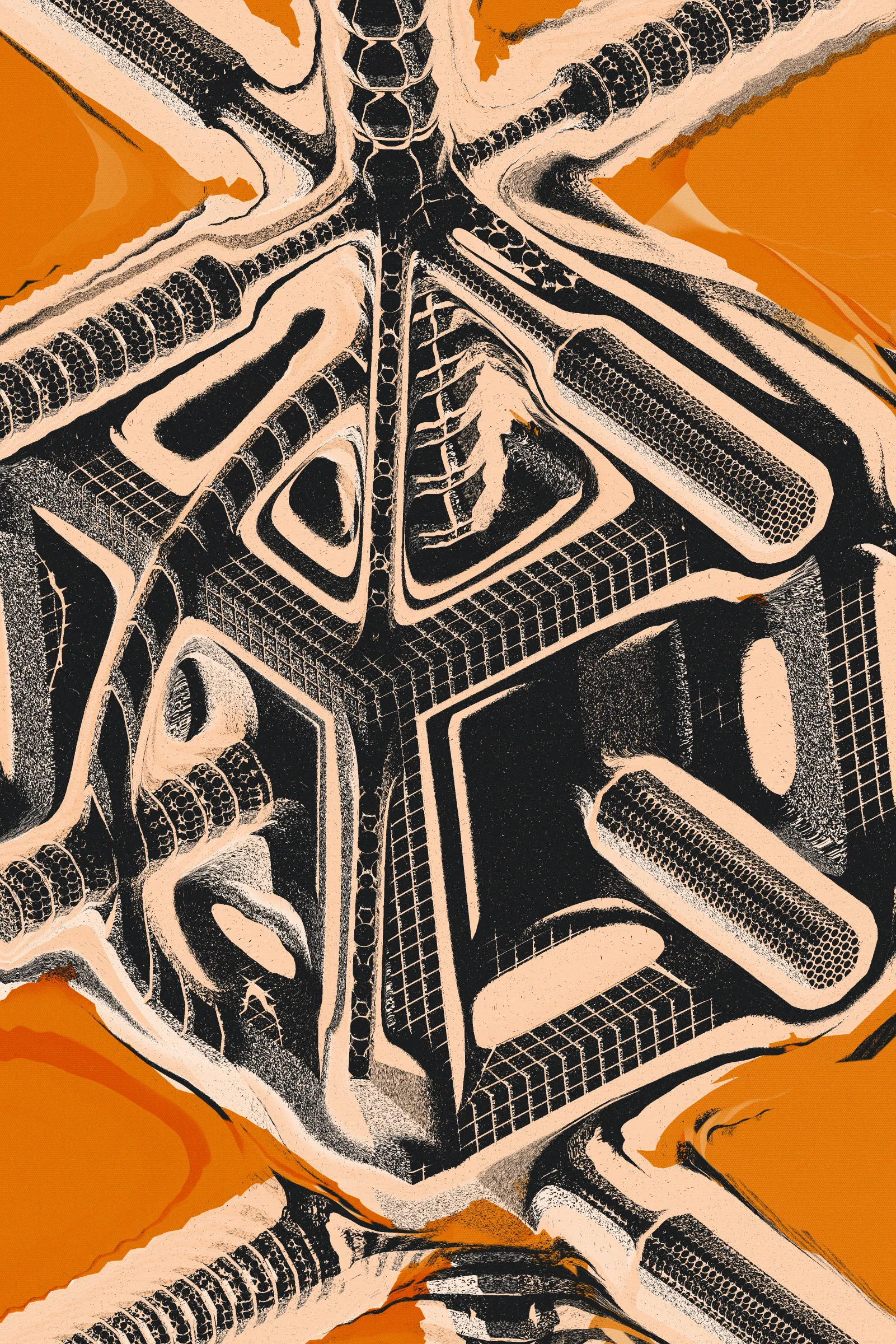 **Gumbo** is, as its name suggests, about simple ingredients coming together, emerging into a stew greater than the sum of its parts.

Early in the development, mindful of my tendency to overengineer, I decided to work under a set of constraints:

1. Approach any problem from a position of complete ignorance and try to find the simplest way to solve it.
2. Make the most with as little as possible and avoid introducing complexity unless absolutely necessary.
3. Accept that intuition often falls short in predicting the best way forward (*especially* when creating generative art), and entertain any idea that presents itself.

Staying mostly within the confines set by these rules, the development of Gumbo ended up taking me on many unexpected journeys.

At its core, Gumbo explores the diversity of form that can be achieved by combining simple shapes, such as spheres, donuts, boxes, and cylinders. Despite the basic components, the final arrangements are strangely familiar, some reminiscent of space stations, others of internal organs. By painting these structural canvases in an indiscriminate fashion, an intricate interplay between colour and form arises, emphasizing the spatial nature that underlies both. Texture, a subject I deeply appreciate, stars as the main character of Gumbo, celebrated both as a reference to the material world, and, especially, as something with uniquely digital characteristics. Present throughout the project, it is primarily used to illuminate the structures and add life to otherwise flat blocks of colour.

While working on Gumbo, I've found inspiration from a diverse set of sources, ranging from the vibrant and captivating colours of Cold War-era propaganda posters and Japanese ukiyo-e to the texture-heavy work of artists like Virgil Finlay and Bruce Conner. In addition, Gumbo utilises a rendering approach that can be described as a digital equivalent of physical methods like silkscreen and woodblock printing, a connection that was not recognised until the project's later stages.

**Note**: Gumbo requires WebGL2 and is computationally expensive to render. Older devices will probably struggle!
To save a high-resolution render, press "p" while in live mode and enter the desired size (or add "?resolution=your-size-here" to the end of the URL). Once finished, the image will download automatically.