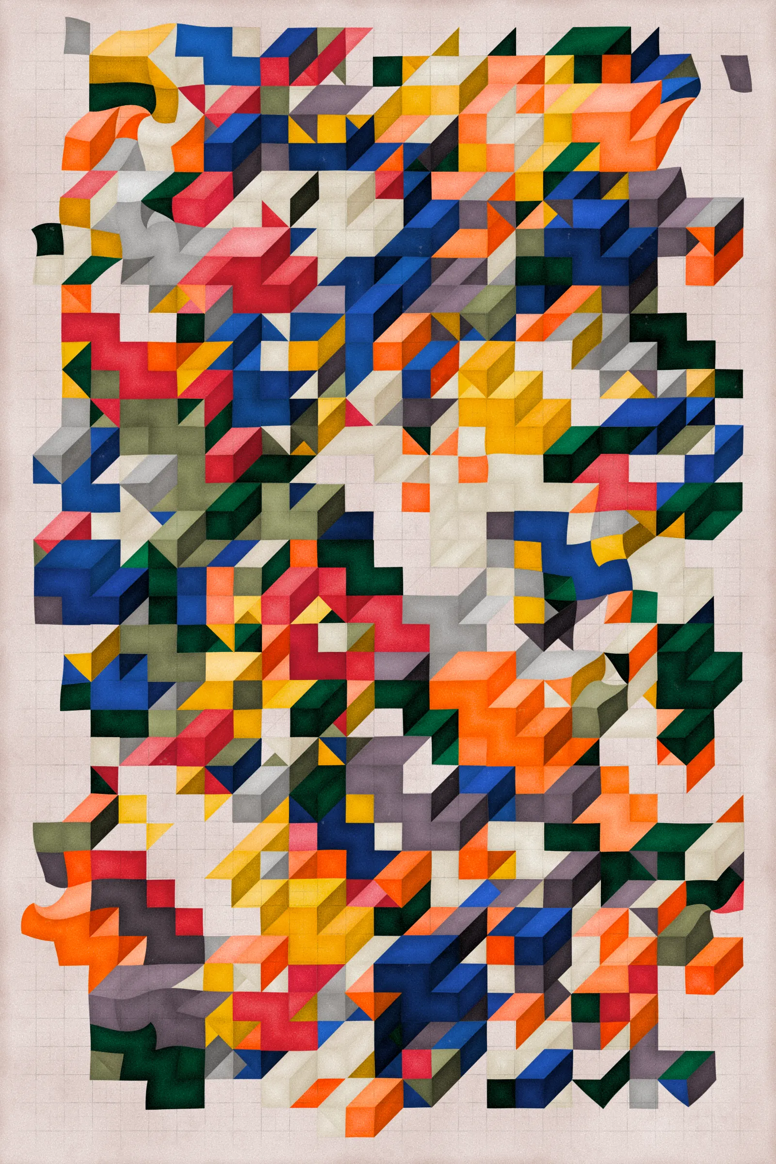 **Trichro-matic** meditates on perception.

As you explore the piece, your perception of the structure shifts. Elements change their relationships - what is out turns in; what is flat deepens. What stood adjacent now occludes.

The piece uses rhythmic color and form, displacement, and juxtaposition to create structures that invite interpretation and exploration. Some outputs challenge our depth perception conventions, while others manipulate explicit structural cues and emphasize intentional imperfections.

From this concept, the piece gets its name - Trichro-matic - denoting the ability to perceive using all three primary colors. The hyphenated "o-matic" denotes fictional machinery, hinting at the generative system supporting the piece. Both hand-selected and algorithmically-generated color palettes feature, with the latter aiming to elicit emotions akin to the former.

When you explore an output from different starting points, you understand the elements' relationships differently. In these changing interpretations, no answer is definitive. Each perspective, whether your first, your last, or someone else's, is valid.

Prints will be available for Trichro-matic owners. For more details, visit [this link](https://www.mountvitruvius.art).

Note: Renders might take longer on lower-end or mobile devices. This piece is my most technically complex release to date, relying on a custom GPU render process which can demand significant resources, even if outputs appear simple.

Finally, I dedicate this piece to my father, who suffered vision loss from a stroke in September 2023.
