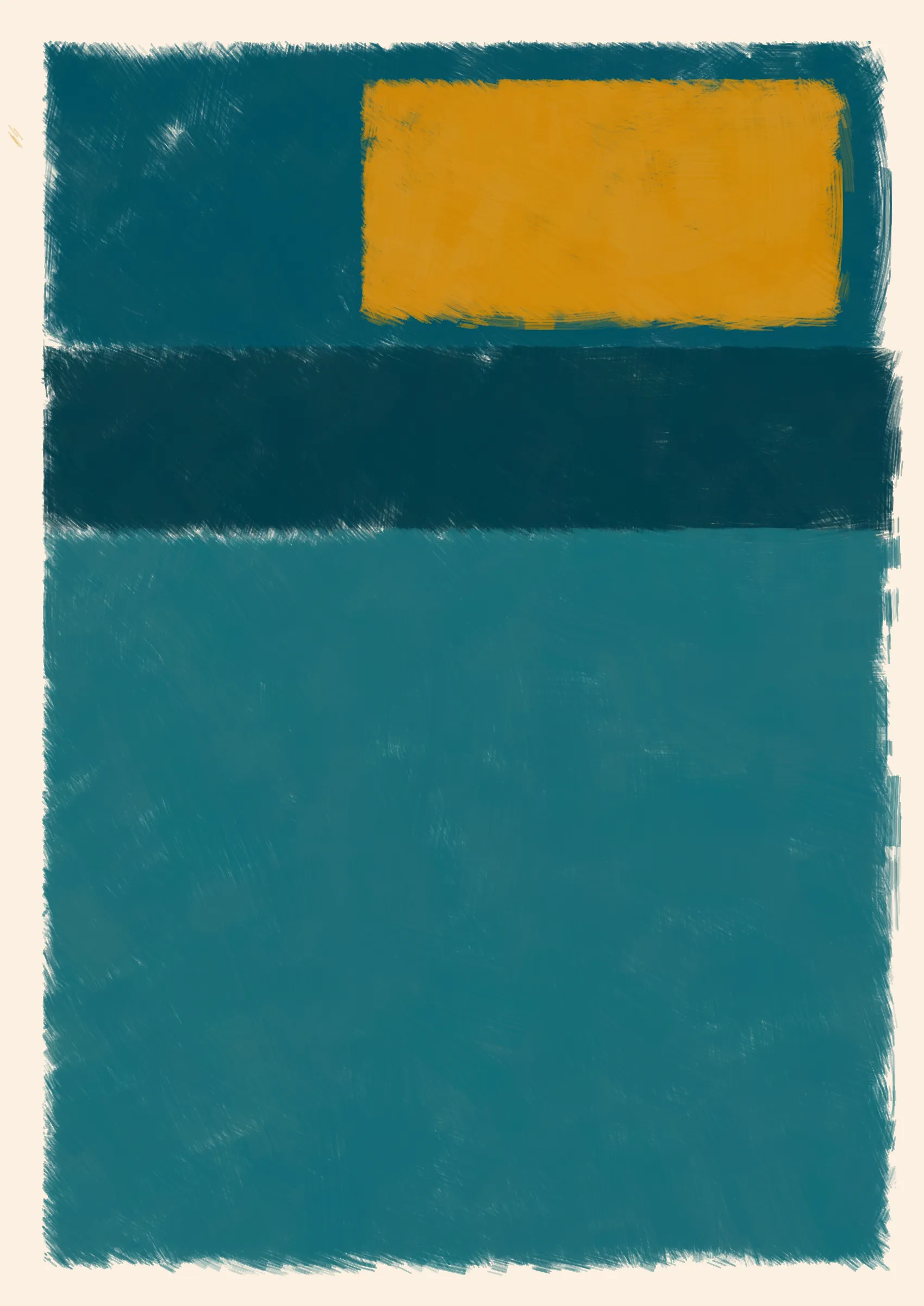 ### Good job, Computer. Do that some more.

To what degree can we teach a computer to make a painting? One that resembles creation from the imperfect hand of a human. Here, the computer attempts to hide itself from the viewer in the details, such as inconsistent borders or uneven layers of paint. Intentional flaws that a human might make unintentionally.
Good, Computer is an exploration of not only how small cumulative inaccuracies create complete images, but also the forms and harmonies that those images evoke.

Consider the following:

***A set of 4 colors is to be considered -- singly as "actors," together as "cast." They are to be presented in 4 different arrangements -- as "performances."***
***Although they remain unchanged in hue and light, in "character", and appear in an unchanging outer frame, the "stage", they are to produce 4 different "scenes" or "plays," each to be so different that one and the same set of colors will be seen as 4 different sets, presented by 4 different casts.***
***And all this can be achieved mainly through changes in quantity which result in shifts of dominance, of recurrence, and consequently of placement.***
***The essential question: which group of colors is ready to lose its identity as a cast?*** 
***-- Josef Albers***

We can answer this question simply by asking ourselves why we're drawn to some arrangements more than others. In doing so, we consider not just tone, but also quantity, intensity and weight in order to form new relationships between the colours. And as such the viewer gives each image their own subjective personality.

---

Press `s` to save image.