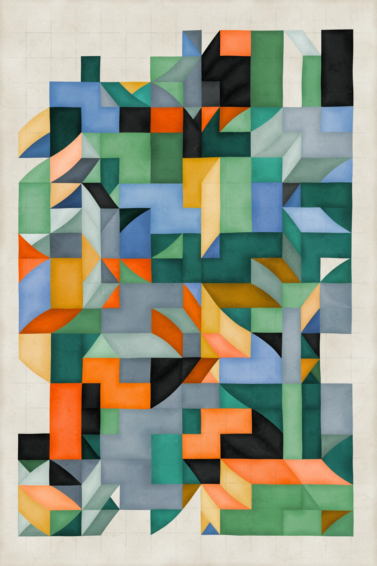 **Trichro-matic** meditates on perception.

As you explore the piece, your perception of the structure shifts. Elements change their relationships - what is out turns in; what is flat deepens. What stood adjacent now occludes.

The piece uses rhythmic color and form, displacement, and juxtaposition to create structures that invite interpretation and exploration. Some outputs challenge our depth perception conventions, while others manipulate explicit structural cues and emphasize intentional imperfections.

From this concept, the piece gets its name - Trichro-matic - denoting the ability to perceive using all three primary colors. The hyphenated "o-matic" denotes fictional machinery, hinting at the generative system supporting the piece. Both hand-selected and algorithmically-generated color palettes feature, with the latter aiming to elicit emotions akin to the former.

When you explore an output from different starting points, you understand the elements' relationships differently. In these changing interpretations, no answer is definitive. Each perspective, whether your first, your last, or someone else's, is valid.

Prints will be available for Trichro-matic owners. For more details, visit [this link](https://www.mountvitruvius.art).

Note: Renders might take longer on lower-end or mobile devices. This piece is my most technically complex release to date, relying on a custom GPU render process which can demand significant resources, even if outputs appear simple.

Finally, I dedicate this piece to my father, who suffered vision loss from a stroke in September 2023.