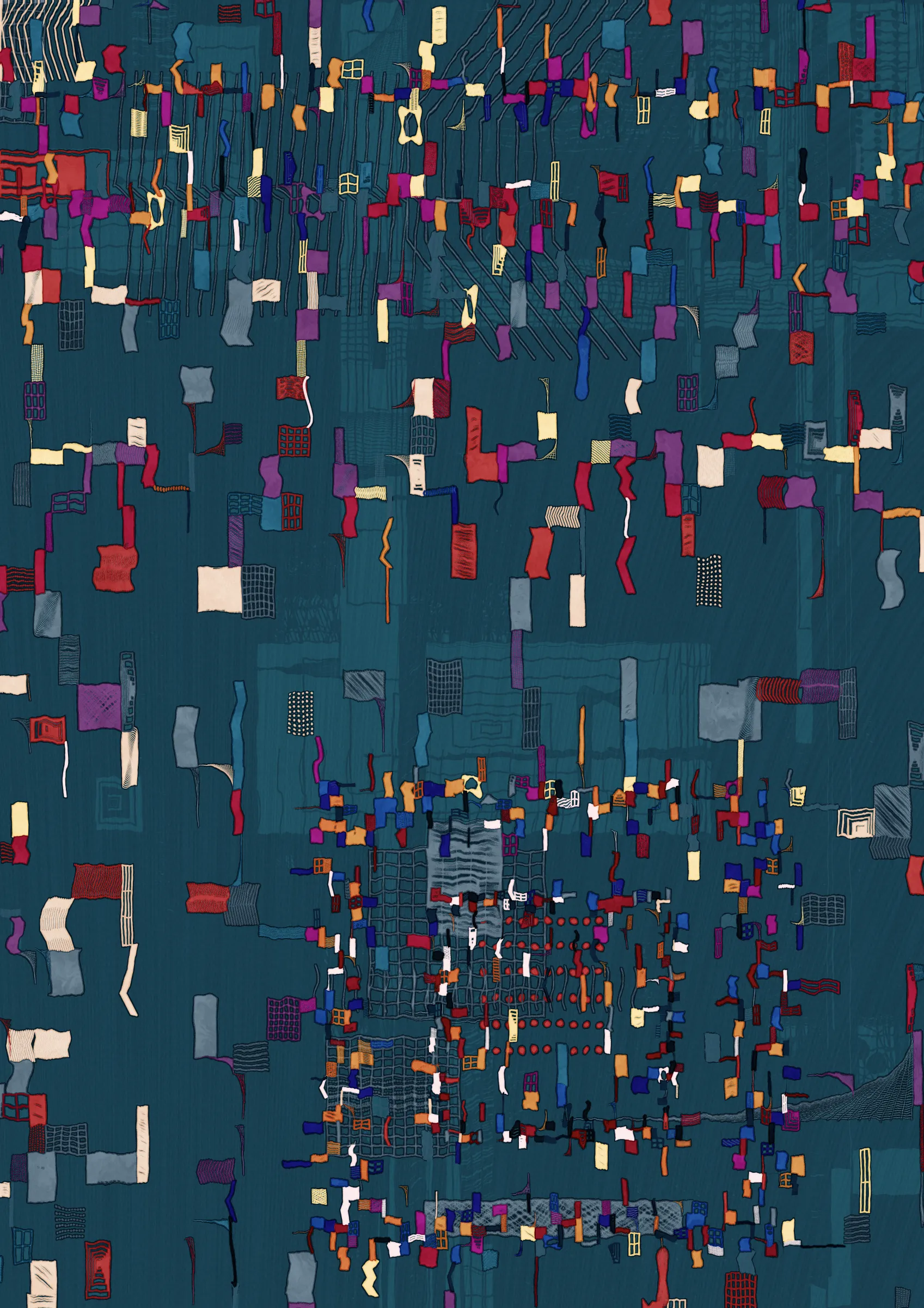 **Nära explores the connections that make us human.**

Nära (close or near in Swedish) is a celebration of friendships and relationships throughout our lives. How some of them are small, fleeting and ephemeral while a select few become lifelong bonds. The work examines the intricate graphs that are formed by these connections. Graphs are all around us and have existed for as long as we have been human. From early settlements of hunter-gatherers and nomadic tribes to the internet of today. It's all graphs.

Nära allows the viewer to explore and experience these graphs as a metaphor for the organic, organised chaos that is life. Shapes connect from one node in a graph to the next, sometimes spilling over, doubling down and creating layers of intricacy. Imperfection is embraced and Nära exposes the chaotic and unpredictable elements of life. 

The artistic vision of Nära is to highlight and expose graphs in a tactile manner that allows the viewer to see the whole graph, but also engage with the details and texture.  In doing this, Nära attempts to bring a novel contribution by pushing the boundaries of graph representation and introducing an emotional dimension to this oftentimes rigid and scientific discipline. By treating graphs as a metaphor for relationships in life, they become an integral part of the concept and an important artistic tool. 

Nära takes inspiration from the De Stijl movement in reducing the world into a deliberate expression in its smallest form and builds upon the use of shapes imbued with meaning in the works of Hilma af Klint. These ideas are expanded on by accepting that what is deliberate must also relinquish some control through the pseudo-randomness of generative art. This invites reflection on the balance of control and chance in our lives. 

_Through Nära, you are invited to reflect on the connections in your own life and on the significance of the relationships that define us as human beings._ 

To interact with the script:
- Press 's' to save.
- Add the following to the URL:
  - pd=x, where x is a number to control the resolution via pixel density (useful for rendering high resolution stills)
  - rs=x, where x is a number to enable and control the rendering buildup animation.