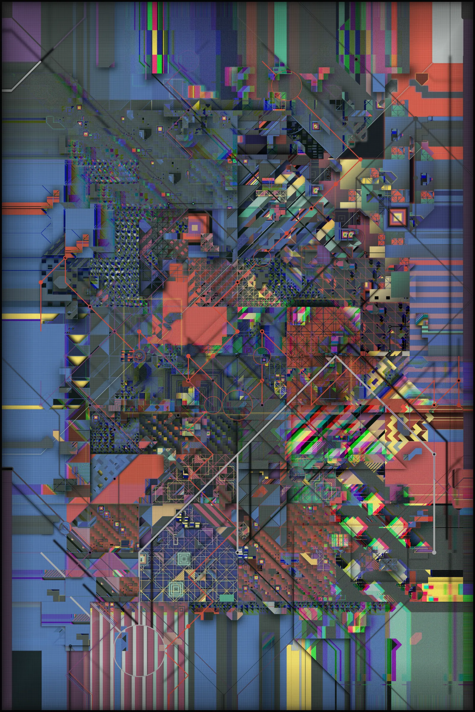 In the contemporary era, the overwhelming inundation of information and data is a ubiquitous and pervasive reality. This saturation is often accompanied by a sense of disorientation and fragmentation, making it challenging to extract meaningful and valuable insights. As humanity progresses and evolves, this gap between our biological, cognitive, and perceptual capacities and the rapid advancements of our digital world becomes increasingly significant.

Infinity, chaos, complexity, self-reproducibility, coherence, and layering are epithets that apply to this work.

This artwork seeks to capture the complexity and chaos of our digital existence, utilizing various visual techniques to convey its message. Layering and fragmentation visually depict the scattered and fragmented nature of our digital lives, with each layer representing a different unit of information. This fragmentation is further underscored by the grid of "transport" lines that permeate the canvas, symbolizing the interconnected networks and corporations that seek to control and manipulate our attention. Despite the strict rules governing the forms in the artwork, the overall effect is one of chaos and impending tragedy. This tension between order and disorder is a recurring theme, conveying that we are on the brink of losing control and being consumed by information overload. The visual elements of the artwork convey a "technological coldness" and emotionlessness, reflecting the detachment that can result from our immersion in the digital realm. Some of the elements are unfocused, which creates the effect of discomfort and the inability to concentrate and embrace all the available space at once. A kind of frame is the "traces" of data gathering toward the center - in our minds - and intertwining into an endless tangle of something massive and noisy but with no precise shape.

To reinforce the concept, I placed an infinite rotation of all the layers used in the art behind the main canvas. They alternate at great speed, constantly changing their "compression" and background, symbolizing the endless flow of digital information overwhelming our consciousness.

Through its visual elements and composition, the artwork urges us to reflect on our collective responsibility to engage with technology more ethically and thoughtfully. It reminds us that while technology can offer many opportunities and benefits, it also significantly challenges our values and ethics. In this sense, the artwork serves as a reminder of the importance of maintaining a balance between technological progress and human values.

I used many techniques to create this art. Because of the large number of generated elements and big canvas size, it takes quite a long time to make, "overloading" your device and then entirely using its resources, which is also part of the concept.

---

This art is static until you touch it. You can use the mouse wheel to examine the details, and you can also drag the surface of the art. Also, this art is created in two parts. Behind it is an infinite rotation of the layers used in it.

**Controls:** 

Mouse wheel: zoom in/out
Mouse click, hold and move: drag the static part
Mouse double-click: reset (go static)
Press 's' to save the image

WARNING: PHOTOSENSITIVITY/EPILEPSY SEIZURES

---

 ***As always, a pre-sale for TBOA club members and TBOA token holders will be a day before the official release.***