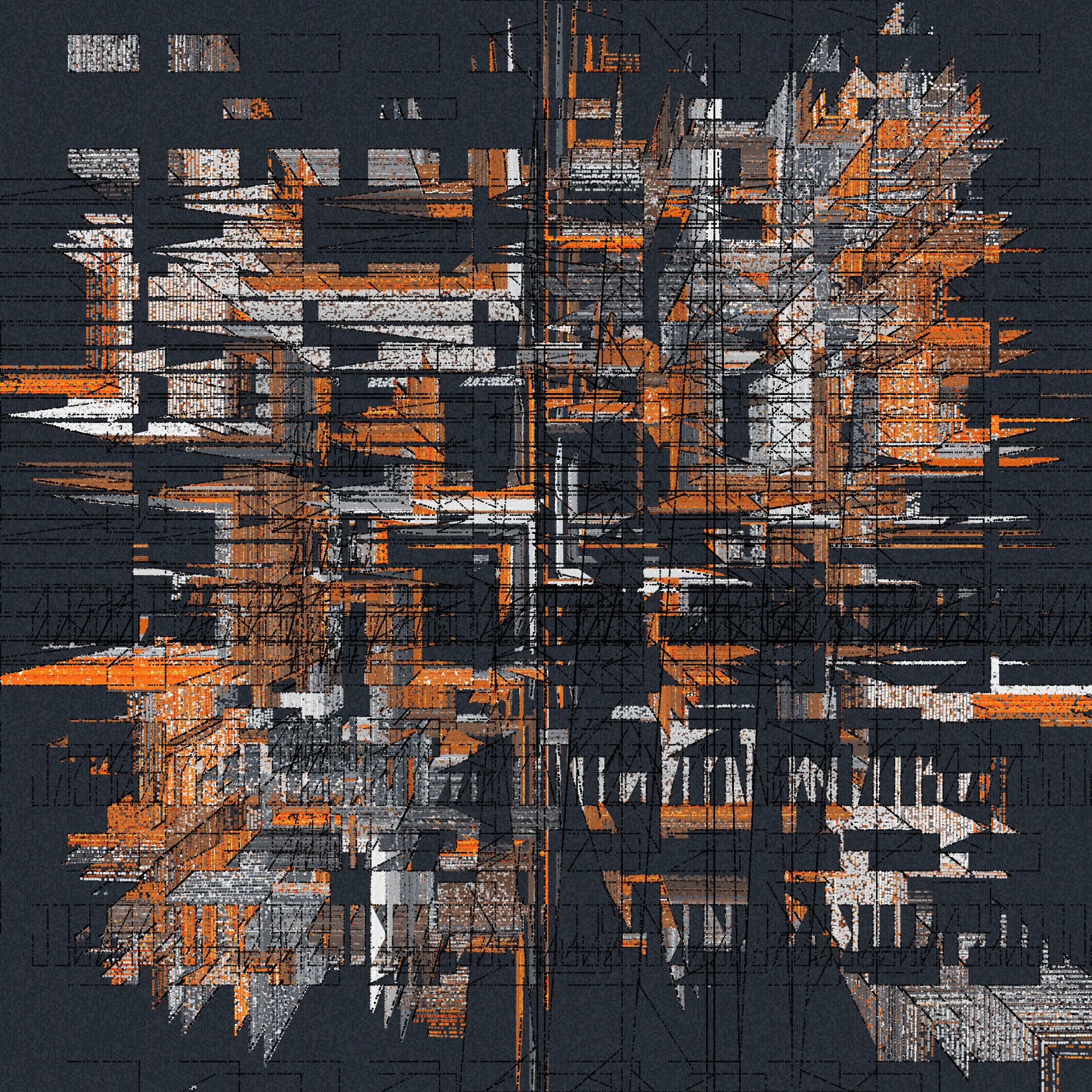 Structures is an abstract generative art project drawn entirely with dots.

About project development:

*In generative art, I like to experiment and test sometimes improbable things (which was the case for this project).*

*Structures is a very special project that was born from this experimentation, in this case, the merger of two discrete projects I was working on.*

*When I was working on the first version of Structures, even after a long development I was not completely satisfied with the result, and ended up putting the project aside to try to find a way to finish sometime in the future.*

*I then started another, more abstract, project (with various shapes, triangles, circles, grids of rectangles, etc.), that really had nothing obvious in common with Structures. But, ultimately, this project too, alone, was not enough.*

*And then one day I wondered how these projects might inform each other, and worked to make Structures more abstract. I honestly had no expectations of success, but nevertheless worked to merge the codes of the discrete projects just to see what it would yield.*

*I was pleasantly surprised by the result, and then continued to iterate this new hybrid version until finally arriving with what you see here.*

Each variation generated by Structures is drawn using only dots. It is the complex algorithm of the project that determines the position, size, color, etc. of each dot through approximately 1,500,000 to 40,000,000 random decisions based on the hash of the mint and draws approximately 350,000 to 10,000,000 dots based on these random decisions.

In live mode:
- click during the animation = animation pause
- click at the end of the animation = display of the number of dots drawn

Made with ❤️, code and p5js.