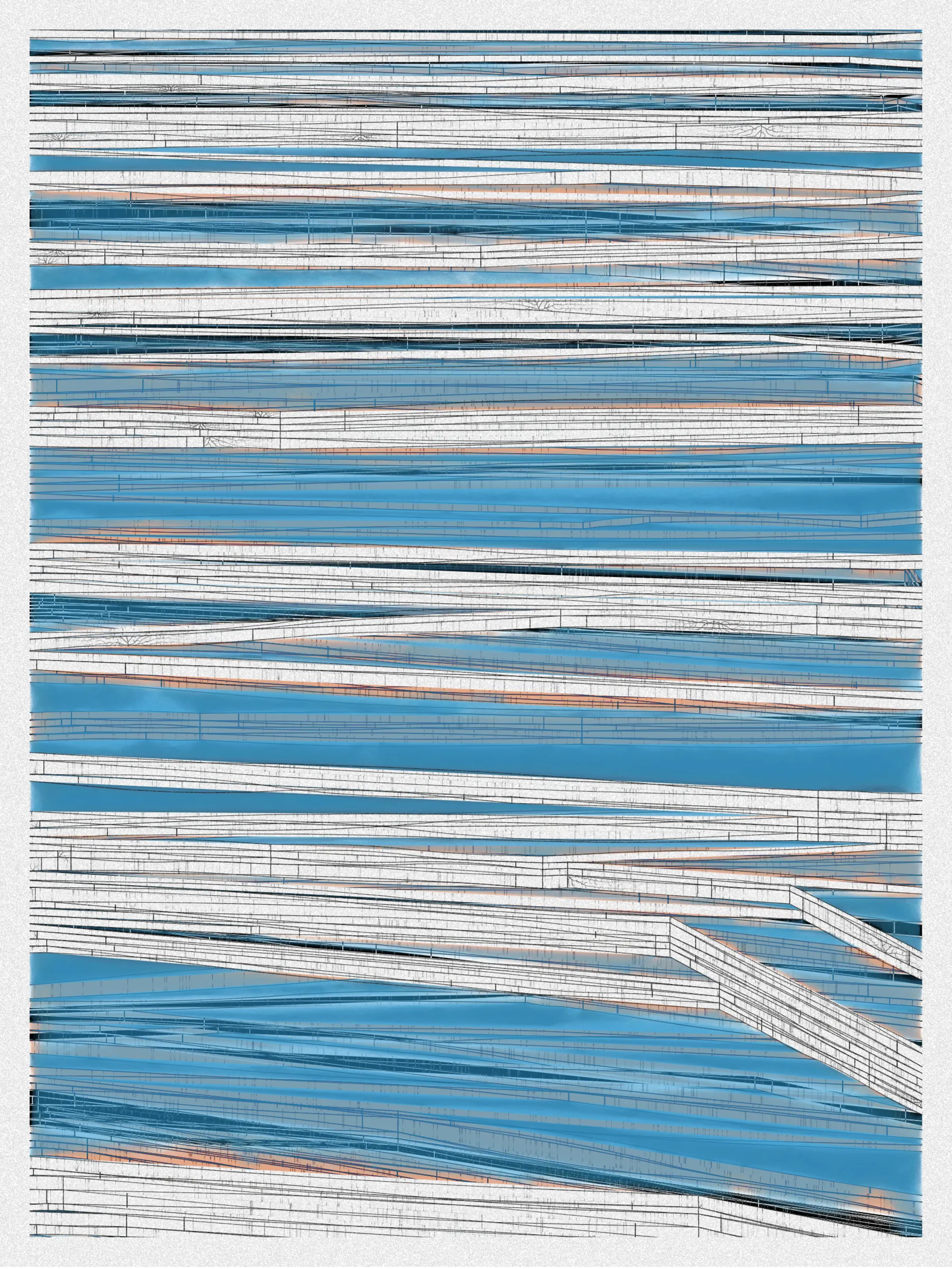 # Neural Sediments

## “Before objectivity, there was truth to nature; after the advent of objectivity came trained judgment”

Lorraine Daston, Peter Galison

Improving my decision-making process is how I would sum up my lifelong quest. Understanding yourself and the unlimited variables and actors surrounding us daily requires a radical yet utopian pursuit of objectivity.

A prerequisite to an objective observation is identifying and eliminating cognitive and observational biases.

My obsession with objectivity started as a sociology student; while studying epistemology of science and pondering the works of Emile Durkheim, Max Weber, and Karl Popper.

This quest never left me and has been a cornerstone of my artistic practice for 25 years.

“The map is not the territory” is a mainstream expression highlighting a potentially oversimplified version of reality. In this series called Neural Sediments, inspired by the works of Alberto Burri, František Kupka, and Swiss topography, I highlight the complexity of our brains and some of their biases.

Looking at one Neural Sediment will deliver you a first broad impression; however, looking at it for a longer time will yield a never-ending and much more nuanced and delicate observation. Like Alberto Burri’s Cracks series, some things not obvious to the eye become real over time. Each Neural Sediment opens itself to the viewer in a unique way. The more you look at it, the more you can decipher it. 

Like Swiss alpine glacier sediments, this material appears only after a certain amount of time and a decent amount of gravity. Burri used a special technique to envision time with cracked canvas; František Kupka, in his Katedrála painting, opens the fourth dimension by looking at the vertical lines of the glass window.

In the Neural Sediments series, I used both as an inspiration to push the viewer’s eye to search for more details and a deeper perspective.

Choosing color palettes for a long-form generative art collection is as demanding as solving technical algorithmic challenges. 

The color palettes I create result from a process I've built into my practice over time. Each palette comes from my own algorithmic selection trained on classical masterpieces.

After this first selection, each set of colors used in a Neural Sediment is re-arranged to be linked with endangered ecosystems such as dark blue waters, peach salmons, rare botanic species, or volcanos.

Like Josef Albers, who highlighted the instability and deceptiveness of colors, my color sets are here to reinforce the question of objectivity in the art world and life in general.

Looking at its overall structure, each Neural Sediment evokes a brutalist architecture. 

Prioritizing function over form, each Neural Sediment aims to be used as a tool to rediscover oneself, free from the cognitive constraints we put on ourselves and the world around us.

PS: From a technical point of view, Neural Sediments require some heavy calculations, considering the very large number of intersections to compute prior to rendering.

PPS: Pressing the letter “i” on your keyboard will generate a high resolution export for a large scale and print friendly format.