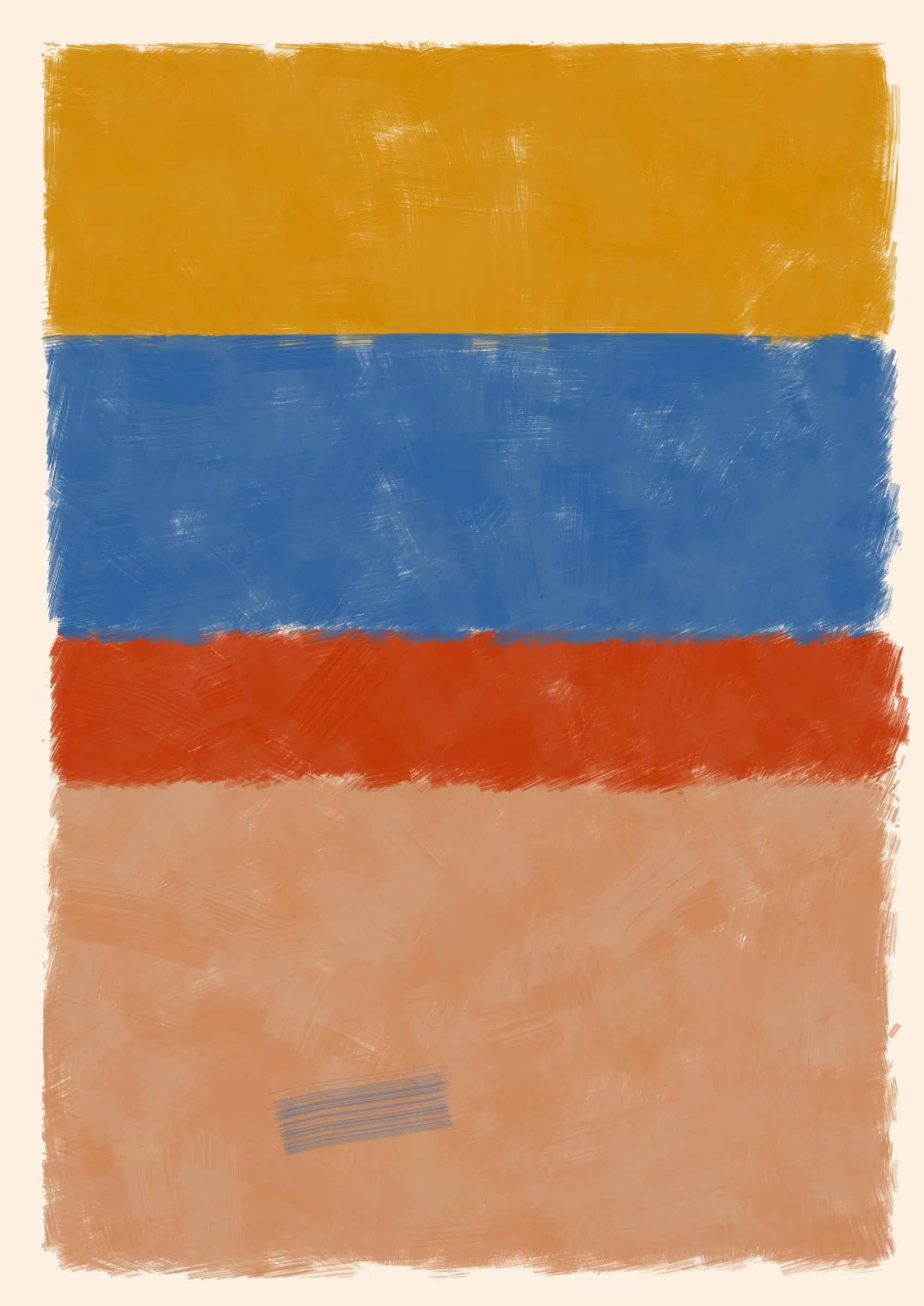 ### Good job, Computer. Do that some more.

To what degree can we teach a computer to make a painting? One that resembles creation from the imperfect hand of a human. Here, the computer attempts to hide itself from the viewer in the details, such as inconsistent borders or uneven layers of paint. Intentional flaws that a human might make unintentionally.
Good, Computer is an exploration of not only how small cumulative inaccuracies create complete images, but also the forms and harmonies that those images evoke.

Consider the following:

***A set of 4 colors is to be considered -- singly as "actors," together as "cast." They are to be presented in 4 different arrangements -- as "performances."***
***Although they remain unchanged in hue and light, in "character", and appear in an unchanging outer frame, the "stage", they are to produce 4 different "scenes" or "plays," each to be so different that one and the same set of colors will be seen as 4 different sets, presented by 4 different casts.***
***And all this can be achieved mainly through changes in quantity which result in shifts of dominance, of recurrence, and consequently of placement.***
***The essential question: which group of colors is ready to lose its identity as a cast?*** 
***-- Josef Albers***

We can answer this question simply by asking ourselves why we're drawn to some arrangements more than others. In doing so, we consider not just tone, but also quantity, intensity and weight in order to form new relationships between the colours. And as such the viewer gives each image their own subjective personality.

---

Press `s` to save image.