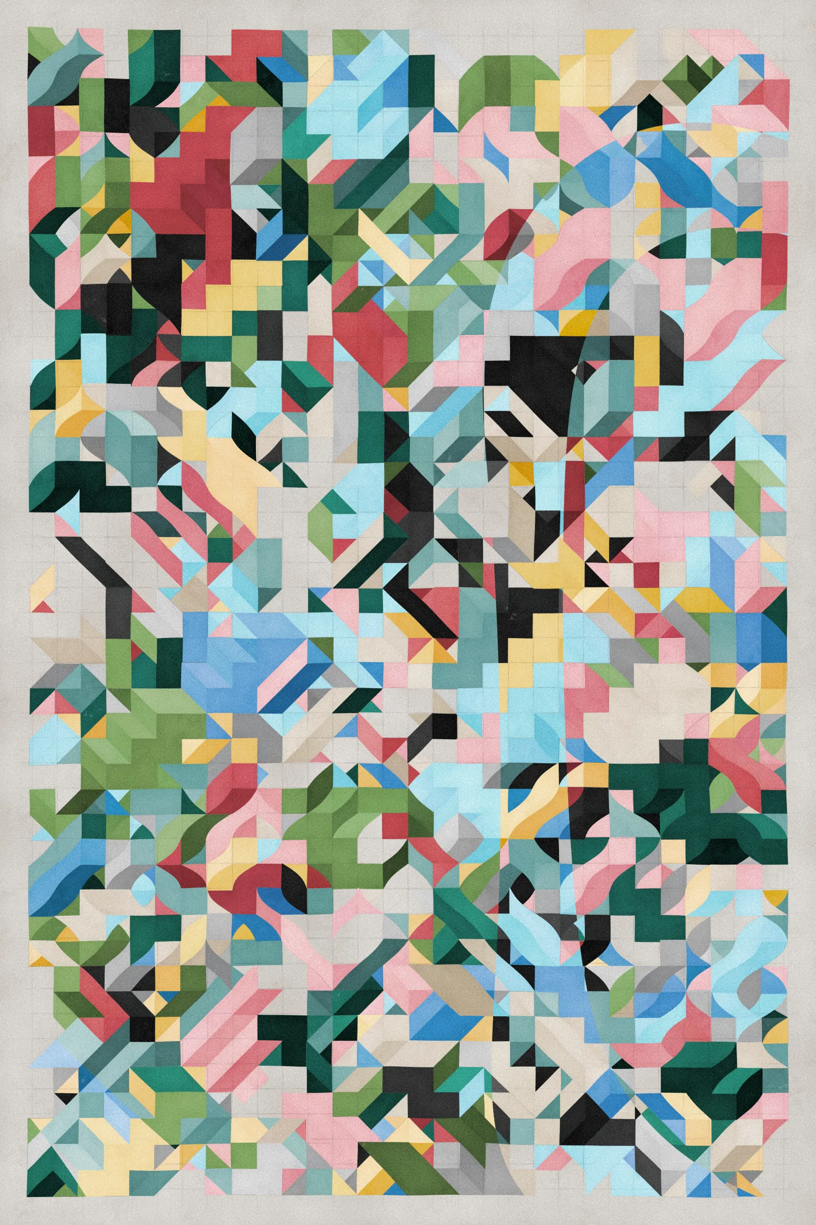 **Trichro-matic** meditates on perception.

As you explore the piece, your perception of the structure shifts. Elements change their relationships - what is out turns in; what is flat deepens. What stood adjacent now occludes.

The piece uses rhythmic color and form, displacement, and juxtaposition to create structures that invite interpretation and exploration. Some outputs challenge our depth perception conventions, while others manipulate explicit structural cues and emphasize intentional imperfections.

From this concept, the piece gets its name - Trichro-matic - denoting the ability to perceive using all three primary colors. The hyphenated "o-matic" denotes fictional machinery, hinting at the generative system supporting the piece. Both hand-selected and algorithmically-generated color palettes feature, with the latter aiming to elicit emotions akin to the former.

When you explore an output from different starting points, you understand the elements' relationships differently. In these changing interpretations, no answer is definitive. Each perspective, whether your first, your last, or someone else's, is valid.

Prints will be available for Trichro-matic owners. For more details, visit [this link](https://www.mountvitruvius.art).

Note: Renders might take longer on lower-end or mobile devices. This piece is my most technically complex release to date, relying on a custom GPU render process which can demand significant resources, even if outputs appear simple.

Finally, I dedicate this piece to my father, who suffered vision loss from a stroke in September 2023.