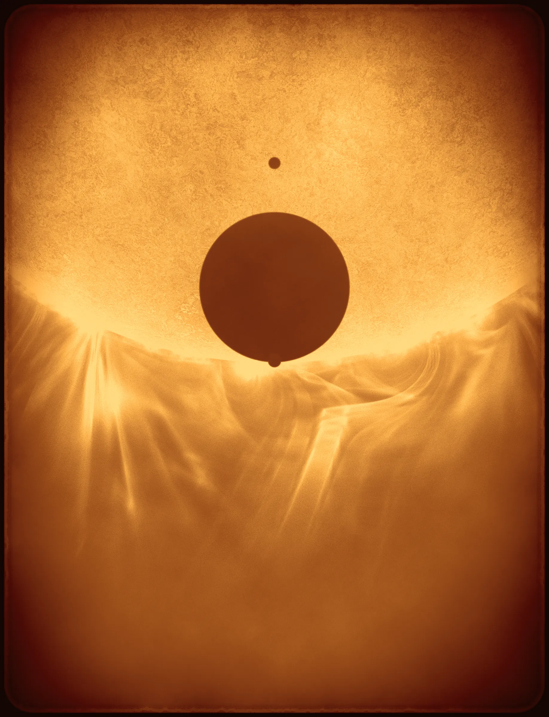 Solar Transits is a procedural exploration of the origins of astrophotography. Each image in this series depicts a randomly generated astronomical event but viewed through the lens of mid-to-late 19th century image capture techniques. The collection features a variety of rare alignments of stars, planets and moons, and are rendered in the spirit of the daguerreotype.

In June of 2012, I took a trip to Minneapolis to speak at the Eyeo Festival. Venus was going to transit while I was there. I was curious. I had not seen a transit before. At 5:09 pm on June 5th, a nearly imperceptible black circle began its march across the sun. Were it not a predicted mathematical certainty, it is doubtful anyone would have noticed. For six minutes, the light from the sun was 0.087% dimmer.

It is a significant thing to see an object silhouetted against the sun. We are so accustom to seeing our perfect circle of pure light that we can't help but to celebrate the occasions where something blocks the view. I still feel a little more excitement when a slight shadow shoots across the landscape on a cloudless day, the source being an extremely rare transit of a commercial jet liner.

Exponentially more rare is the planetary transit. When Venus hangs on the horizon, glowing against the night sky, it is all too easy to think it another star. Only when it is viewed in silhouette can its position in our universe be fully appreciated: orbitally locked like us, and forever drawing it's path around the sun. That tiny black circle effected me in a big way. The scale of the cosmos shifted into perspective. That doesn’t happen often. I was incredibly moved. It was an experience I will never forget. This project is an homage to that strange once-in-a-lifetime event.

As it turns out, I was very lucky to have seen it at all. In the time since my birth in 1972, a Venus transit has only happened twice. The 1st time was in 2004 but I lived in a part of the world where it was not visible. The 2nd time was in 2012. Unless I live to be 145 years old, there won’t be a 3rd time. There are a couple silver linings: the Great American solar eclipse is on April 8 2024, and Mercury will transit in 2032.

The first 10 sales will have the option to purchase their output in the form of a framed daguerreotype.