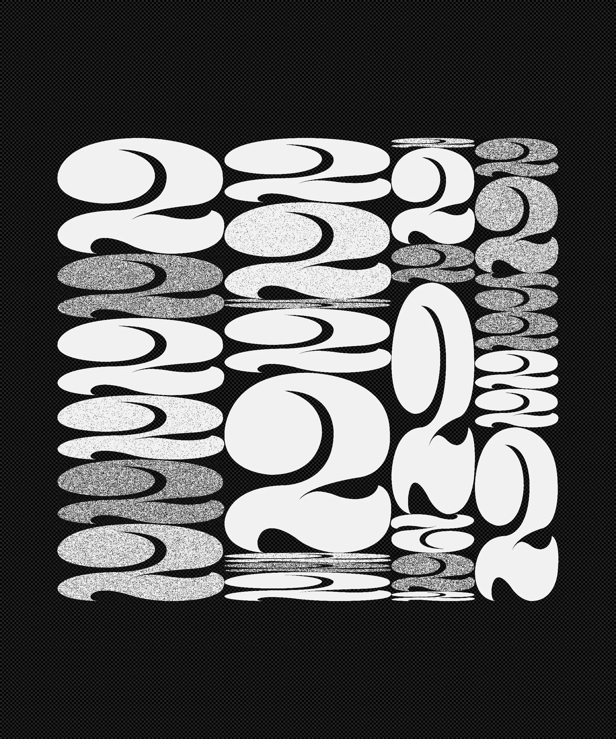 When I was working in graphic design and immersed in typography, I spent a year and a half designing this “2”. A personal obsession, I drew and redrew it hundreds of times until I felt it reached the perfect form in balance, weight, and drama.

This generative series revisits my captivation with this character object, using the algorithm as a tool for continued obsession and exploration. I want people to experience this collection and never see a “2” in the same way again. I also want to remind viewers that exquisiteness can exist in any mundane thing.

My background in graphic design and typography is ingrained in how I think. Regardless of medium, I have always been a designer of iteration, exhaustively trialing possibilities within a set of constraints to uncover the best way, or the most ways. Twos takes a “perfected” form and puts it to a further test. Different outputs situate the form in different contexts, look at it askew, or emphasize isolated parts of it for endless results.

The texture within the collection is inspired by low resolution effects (pixelation) and textures that arise from analog printmaking techniques and pen lines. It blends the hand-drawn nature of my original “2” with the power of obsessive exploration only possible with computer generative iteration. Layers of tiny squares, under and above the characters, are used to mimic the texture of a pen or a stamp. Found in much of my work, these “visible pixels” represent the physical module upon which digital art is created - and by calling back to pixel art, act as a reminder that code is still a craft, and the generated image isn’t far from the artist’s hand.

Beyond the beauty of the form, the number two is a special quantity because it implies possibilities beyond itself. A system containing zero or one elements is inert. Two creates an interaction, a dyad, and implies the possibility of more than two – an expanding system. In computer programming, this is expressed as the "zero, one, infinity" rule. The two represents a potentially endless continuation.

Each feature in the collection represents either the analog or the digital journey of this character. Some compositions render each symbol as linework, reminiscent of its earliest hand drawn form. Others render it as the solid numeral, completed after its long journey of iteration. Some compositions are gridded, others are organic and loose. Some are contained by a frame, others are open and unrestrained.

Color enters a few outputs: the mark of new technological tools like the first colored ink in printing, or the move from black and white to digital screens. The brightest hues used depend on light emittance of the screen and wouldn’t translate exactly when printed in standard inks. But in a further application of constraint, most outputs are neutral in color, keeping the focus on the formal obsession with this small, beautiful character.