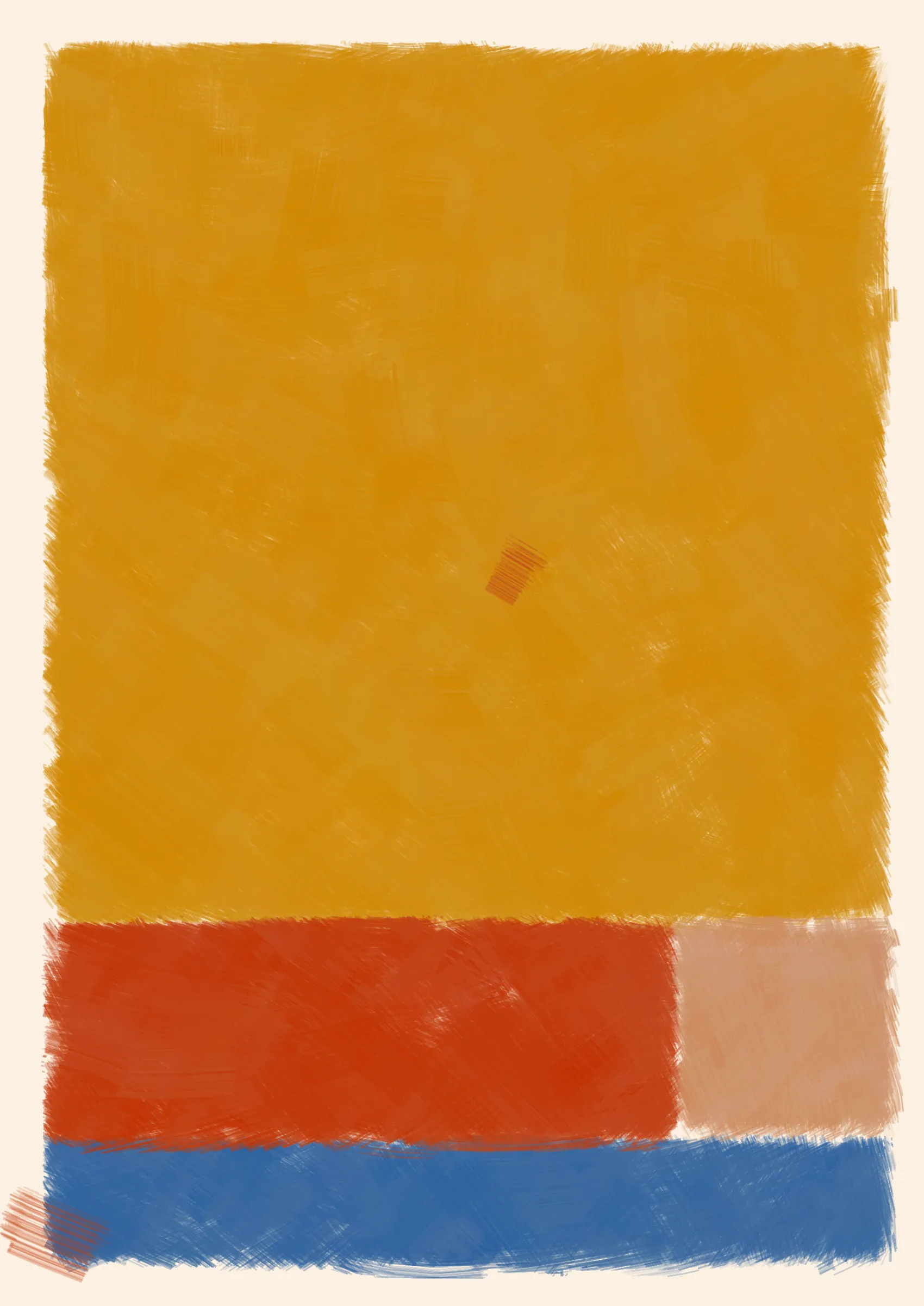 ### Good job, Computer. Do that some more.

To what degree can we teach a computer to make a painting? One that resembles creation from the imperfect hand of a human. Here, the computer attempts to hide itself from the viewer in the details, such as inconsistent borders or uneven layers of paint. Intentional flaws that a human might make unintentionally.
Good, Computer is an exploration of not only how small cumulative inaccuracies create complete images, but also the forms and harmonies that those images evoke.

Consider the following:

***A set of 4 colors is to be considered -- singly as "actors," together as "cast." They are to be presented in 4 different arrangements -- as "performances."***
***Although they remain unchanged in hue and light, in "character", and appear in an unchanging outer frame, the "stage", they are to produce 4 different "scenes" or "plays," each to be so different that one and the same set of colors will be seen as 4 different sets, presented by 4 different casts.***
***And all this can be achieved mainly through changes in quantity which result in shifts of dominance, of recurrence, and consequently of placement.***
***The essential question: which group of colors is ready to lose its identity as a cast?*** 
***-- Josef Albers***

We can answer this question simply by asking ourselves why we're drawn to some arrangements more than others. In doing so, we consider not just tone, but also quantity, intensity and weight in order to form new relationships between the colours. And as such the viewer gives each image their own subjective personality.

---

Press `s` to save image.