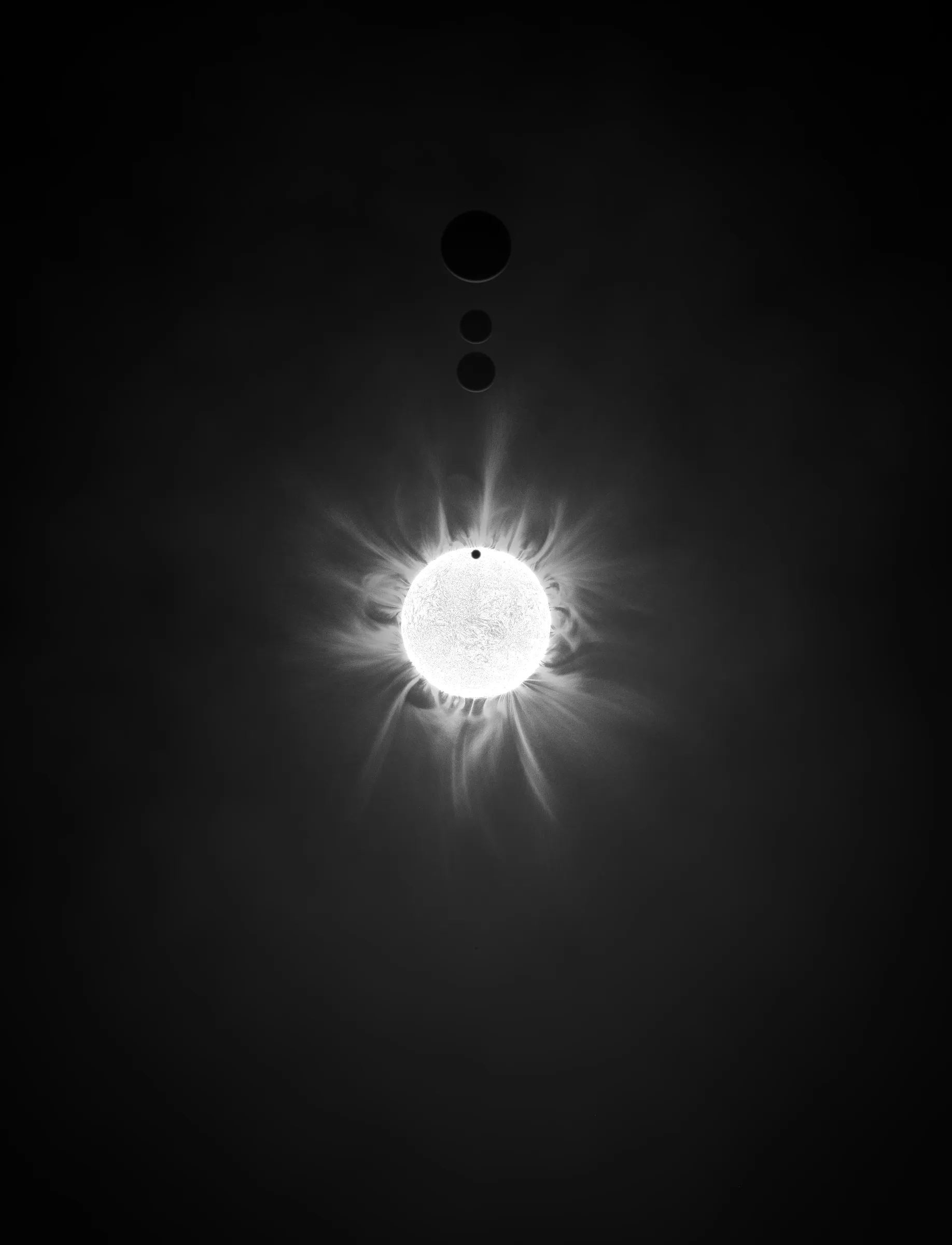 Solar Transits is a procedural exploration of the origins of astrophotography. Each image in this series depicts a randomly generated astronomical event but viewed through the lens of mid-to-late 19th century image capture techniques. The collection features a variety of rare alignments of stars, planets and moons, and are rendered in the spirit of the daguerreotype.

In June of 2012, I took a trip to Minneapolis to speak at the Eyeo Festival. Venus was going to transit while I was there. I was curious. I had not seen a transit before. At 5:09 pm on June 5th, a nearly imperceptible black circle began its march across the sun. Were it not a predicted mathematical certainty, it is doubtful anyone would have noticed. For six minutes, the light from the sun was 0.087% dimmer.

It is a significant thing to see an object silhouetted against the sun. We are so accustom to seeing our perfect circle of pure light that we can't help but to celebrate the occasions where something blocks the view. I still feel a little more excitement when a slight shadow shoots across the landscape on a cloudless day, the source being an extremely rare transit of a commercial jet liner.

Exponentially more rare is the planetary transit. When Venus hangs on the horizon, glowing against the night sky, it is all too easy to think it another star. Only when it is viewed in silhouette can its position in our universe be fully appreciated: orbitally locked like us, and forever drawing it's path around the sun. That tiny black circle effected me in a big way. The scale of the cosmos shifted into perspective. That doesn’t happen often. I was incredibly moved. It was an experience I will never forget. This project is an homage to that strange once-in-a-lifetime event.

As it turns out, I was very lucky to have seen it at all. In the time since my birth in 1972, a Venus transit has only happened twice. The 1st time was in 2004 but I lived in a part of the world where it was not visible. The 2nd time was in 2012. Unless I live to be 145 years old, there won’t be a 3rd time. There are a couple silver linings: the Great American solar eclipse is on April 8 2024, and Mercury will transit in 2032.

The first 10 sales will have the option to purchase their output in the form of a framed daguerreotype.