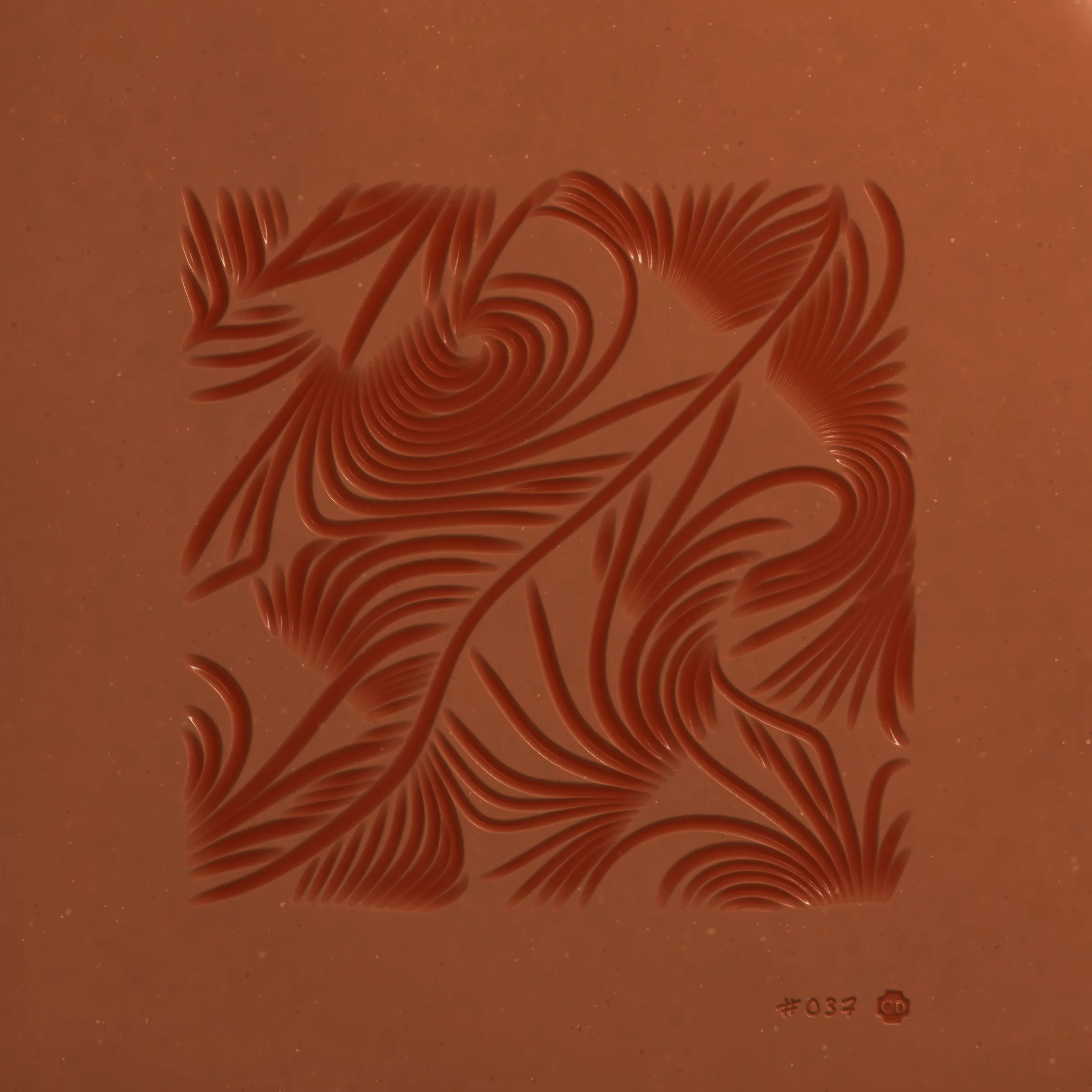 Inside the computer there’s a digital hand. The hand selects a metal implement, cuts off a slab of clay, and carves into its surface. It wanders like your hand wanders; it carves imaginary contours, sinuous and exploratory. It doesn’t know the end result so it carves lines until it feels content, and then it numbers the piece and stamps its maker’s mark. It fires the slab in a digital kiln (it calls this “minting”) and through this act its art is preserved for millennia. The hand runs its fingers over the textured surface, feeling satisfaction at having spontaneously produced a piece of art so beautiful, expressive, and unique.

---
 
Ceramics is a generative sculpture that mimics the physical expression of carving into clay. Through uncanny naturalistic rendering it challenges our notion of “handmade”. It asserts that the value of handmade isn’t the time it takes to make the work nor the physical materials consumed, but the endless small decisions and serendipitous details that appear along the way, as can be felt in each Ceramics mint.

Despite the handmade nature of Ceramics the outputs cannot be touched. Highly tactile images enchant the viewer to imagine their tangible representations, and leave them to dwell on their perception of materiality — both in the experiential physical world and conceptually-infinite digital space.