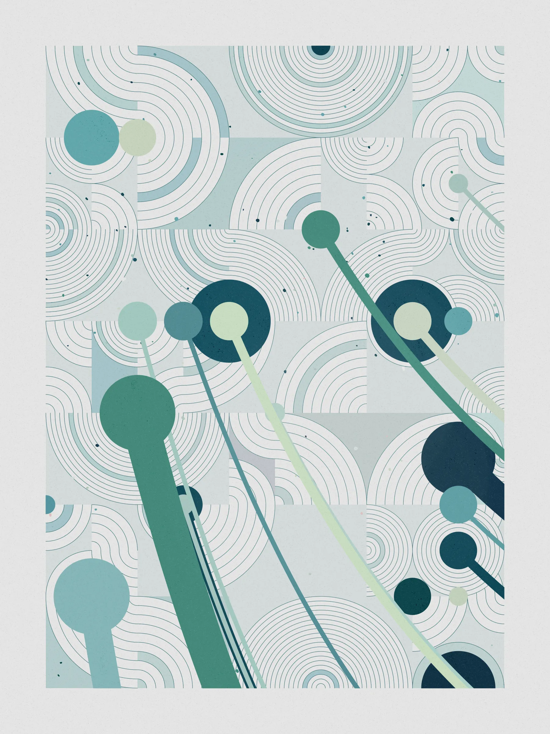##### **Forecast** abstractly captures the essence of rainfall on a stone-paved road, drawing an analogy between weather and human emotions, comparing the outcome of a weather forecast to the range of feelings a rainy day can evoke, inviting viewers to reflect on their own relationship with rain and the emotions it evokes in them. #####
####  ####
` `
The code creatively **recreates a weather forecast** to determine where on the canvas rain will fall. It emulates barometric pressure and humidity to alter a circle packing **algorithm that acts like clouds over the canvas**, generating the necessary data to calculate the probability of precipitation for each piece and distribute rain on the canvas in a visually appealing way.

**Geometry, color, and natural forces work together to create an abstract representation of rain** that pays homage to where I was born, “Galicia, where rain is art”.
 #### ####
  #### ####
   #### ####
 ***
  #### ####
` `
###### **The Concept**
` `
In the northwest of Spain lies Galicia, a region where rain holds a special place.

**With approximately half of the year consisting of rainy days**, it's no surprise that the Galician language has evolved to encompass a rich vocabulary of over 100 words to describe its various forms and moments. **Rain has become an art form in our everyday lives**, expressed through our language and the nuances of our conversations.

It was within this setting of rich traditions and linguistic nuances that **inspiration took hold on a rainy Sunday afternoon, as I wandered through the old part of town, captivated by the movement of raindrops and mesmerizing water ripples on the stone-paved road**, nurtured by the deep connection between Galicia's cultural heritage of intricate vocabulary of rain.

This intriguing interplay between weather and language extends far beyond Galicia, languages like Japanese, Welsh, and even Hawaiian bear witness to this captivating phenomenon, where **weather molds the very fabric of our linguistic expressions.** It serves as a testament to the **profound influence of weather on our collective human experience.**

While rain and weather influencing language ignited my inspiration, I sought to explore further, embarking on a creative journey that **explores the profound impact rain has on emotions and feelings**—a shared human language that transcends borders and requires no translations.

To express the diverse range of emotions rain can evoke, I created color palettes inspired by personal memories and experiences, capturing the essence of how those moments, events, and places made me feel. To further enhance the expression of emotions, I use size and proportion symbolizing and amplifying the intensity of those feelings. This approach brings forth the emotional impact of rain in our lives, **inviting viewers to reflect on their own relationship with rain and the feelings it evokes in them.**

To add depth and significance to its compositions Forecast uses a creative approach woven into its code, that became such an important part of the piece that gave its name to the project. **The code simulates a weather forecast emulating barometric pressure, and humidity** – variables that dynamically influence a circle packing algorithm that symbolizes clouds over the canvas, generating the necessary data to calculate the probability of precipitation for each piece and distribute rain across the canvas in a visually appealing way. The result is a perfect balance between randomness and control that added an extra layer of depth to the artwork.

**Prints**
Prints will be available for Forecast owners. For more details, [visit this link](https://www.mlarino.com/work/forecast "order prints").

***
\
**Keys**
**[S]** - Download image.

Press the **[LEFT ARROW]** key to explore the different elements that help build the final image.

To switch between different aspect ratios, use the following keys:
**[0]** 3:4 Print (default)
**[1]** 9:16 ratio
**[2]** 1:1 ratio
