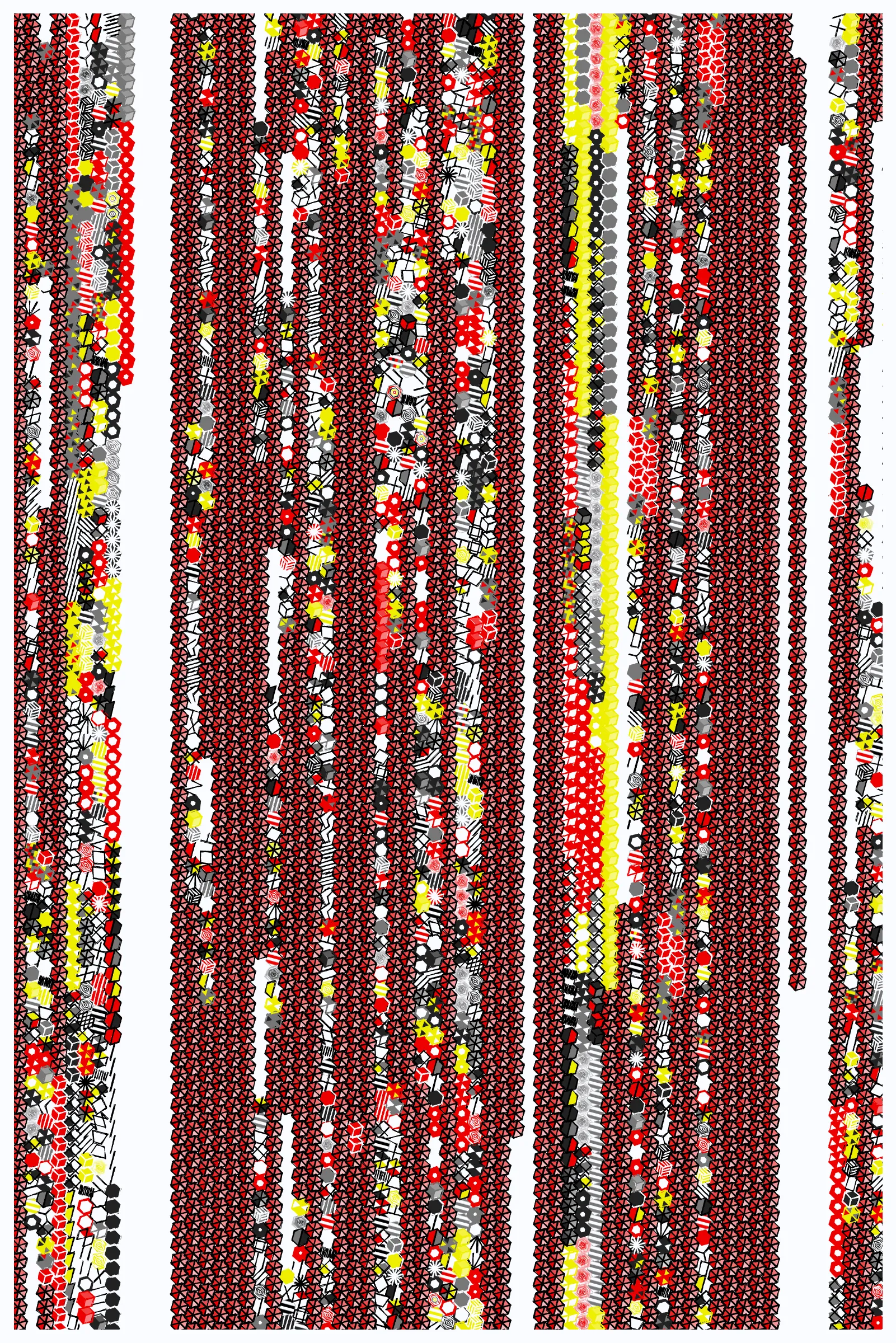 From the Insecta Class and Apidae Family, we find the Species Apis Mellifera: the western honey bee.  One of the more iconic aspects of honey bees is their hive, the hexagonal grid we call honeycomb; an efficient use of resources and space, and a beautiful representation of a geometric shape found in nature.

The humble grid has also been a mainstay of generative art from its earliest days.  Code up a loop or two and see what you can do.  What I've done with grids has been seen in many of my projects over the past year; in *Polka*, *Over the Air*, *Ode to Untitled*, and now *Mellifera*.  Breaking from the rectangular and square grid, and embracing the complexities of the hexagonal grid, *Mellifera* creates patterns working within the points and sides of a hexagon while laying out those patterns across a honeycomb like structure.

While working through this series of grid based projects, one main area of study has been finding ways to move off the grid, at least in appearance.  A recent move to a rural home has left me much more off the grid, and there's been a parallel through my projects.  Increasingly, I've explored ways to make the overall aesthetic not appear grid-like, to have a more organic feel, all the while though still centering elements perfectly in their place across the grid.  *Mellifera*, with its use of hexagons, imperfections, unique symbols, rotation, and negative space, is another step in this evolution, and the largest one yet.

While most of my work has embraced the digital and machine-like feel that computers and code are so easily capable of (again influenced from my appreciation of Roy), *Mellifera* moves in a new direction, introducing a more imperfect and human feel to the lines, shapes, and symbols.  These imperfections change the overall aesthetic drastically and are a main component in helping break away from the grid, visually.  While honey bees are incredible in their ability to create beautiful hexagonal geometric patterns, there's still a natural, lived-in feel to their creations, and *Mellifera* uses this organic quality as inspiration.

***


**High-Resolution Downloads**
* Press 1 for 3000 x 4500
* Press 2 for 6000 x 9000
* Press 3 for 9000 x 13500

See download limitations under Display Notes.