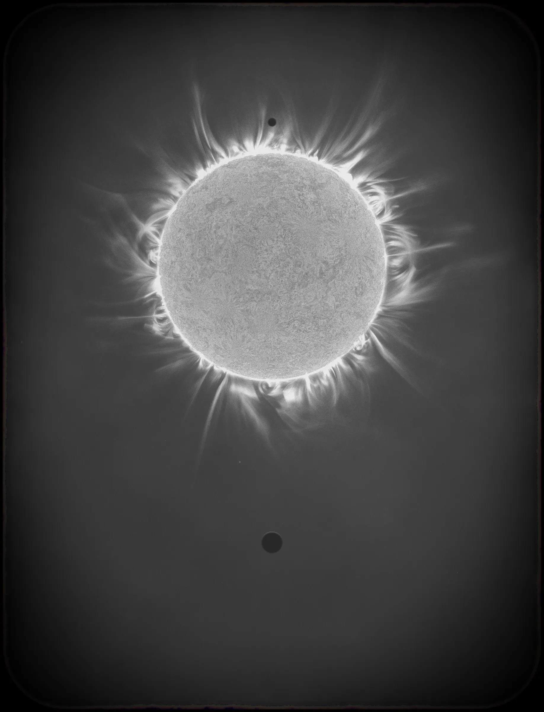 Solar Transits is a procedural exploration of the origins of astrophotography. Each image in this series depicts a randomly generated astronomical event but viewed through the lens of mid-to-late 19th century image capture techniques. The collection features a variety of rare alignments of stars, planets and moons, and are rendered in the spirit of the daguerreotype.

In June of 2012, I took a trip to Minneapolis to speak at the Eyeo Festival. Venus was going to transit while I was there. I was curious. I had not seen a transit before. At 5:09 pm on June 5th, a nearly imperceptible black circle began its march across the sun. Were it not a predicted mathematical certainty, it is doubtful anyone would have noticed. For six minutes, the light from the sun was 0.087% dimmer.

It is a significant thing to see an object silhouetted against the sun. We are so accustom to seeing our perfect circle of pure light that we can't help but to celebrate the occasions where something blocks the view. I still feel a little more excitement when a slight shadow shoots across the landscape on a cloudless day, the source being an extremely rare transit of a commercial jet liner.

Exponentially more rare is the planetary transit. When Venus hangs on the horizon, glowing against the night sky, it is all too easy to think it another star. Only when it is viewed in silhouette can its position in our universe be fully appreciated: orbitally locked like us, and forever drawing it's path around the sun. That tiny black circle effected me in a big way. The scale of the cosmos shifted into perspective. That doesn’t happen often. I was incredibly moved. It was an experience I will never forget. This project is an homage to that strange once-in-a-lifetime event.

As it turns out, I was very lucky to have seen it at all. In the time since my birth in 1972, a Venus transit has only happened twice. The 1st time was in 2004 but I lived in a part of the world where it was not visible. The 2nd time was in 2012. Unless I live to be 145 years old, there won’t be a 3rd time. There are a couple silver linings: the Great American solar eclipse is on April 8 2024, and Mercury will transit in 2032.

The first 10 sales will have the option to purchase their output in the form of a framed daguerreotype.