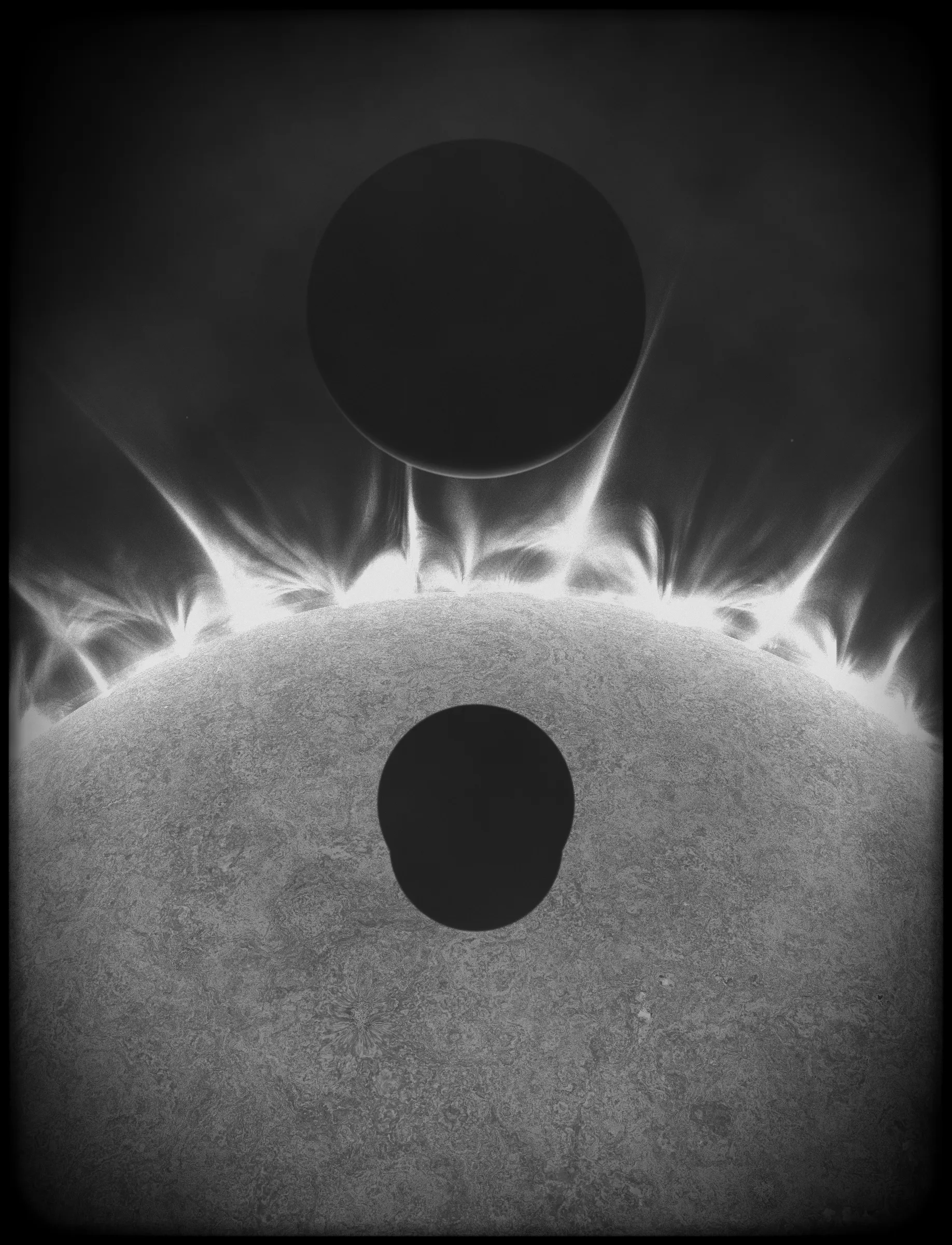 Solar Transits is a procedural exploration of the origins of astrophotography. Each image in this series depicts a randomly generated astronomical event but viewed through the lens of mid-to-late 19th century image capture techniques. The collection features a variety of rare alignments of stars, planets and moons, and are rendered in the spirit of the daguerreotype.

In June of 2012, I took a trip to Minneapolis to speak at the Eyeo Festival. Venus was going to transit while I was there. I was curious. I had not seen a transit before. At 5:09 pm on June 5th, a nearly imperceptible black circle began its march across the sun. Were it not a predicted mathematical certainty, it is doubtful anyone would have noticed. For six minutes, the light from the sun was 0.087% dimmer.

It is a significant thing to see an object silhouetted against the sun. We are so accustom to seeing our perfect circle of pure light that we can't help but to celebrate the occasions where something blocks the view. I still feel a little more excitement when a slight shadow shoots across the landscape on a cloudless day, the source being an extremely rare transit of a commercial jet liner.

Exponentially more rare is the planetary transit. When Venus hangs on the horizon, glowing against the night sky, it is all too easy to think it another star. Only when it is viewed in silhouette can its position in our universe be fully appreciated: orbitally locked like us, and forever drawing it's path around the sun. That tiny black circle effected me in a big way. The scale of the cosmos shifted into perspective. That doesn’t happen often. I was incredibly moved. It was an experience I will never forget. This project is an homage to that strange once-in-a-lifetime event.

As it turns out, I was very lucky to have seen it at all. In the time since my birth in 1972, a Venus transit has only happened twice. The 1st time was in 2004 but I lived in a part of the world where it was not visible. The 2nd time was in 2012. Unless I live to be 145 years old, there won’t be a 3rd time. There are a couple silver linings: the Great American solar eclipse is on April 8 2024, and Mercury will transit in 2032.

The first 10 sales will have the option to purchase their output in the form of a framed daguerreotype.