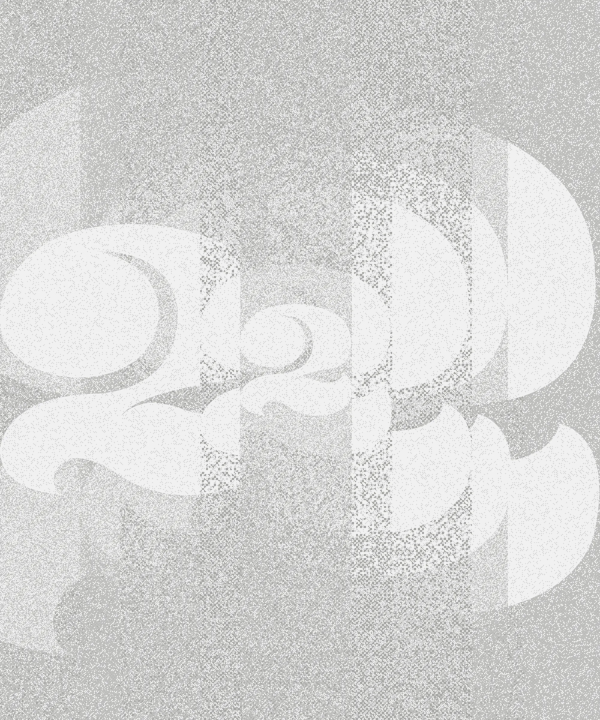 When I was working in graphic design and immersed in typography, I spent a year and a half designing this “2”. A personal obsession, I drew and redrew it hundreds of times until I felt it reached the perfect form in balance, weight, and drama.

This generative series revisits my captivation with this character object, using the algorithm as a tool for continued obsession and exploration. I want people to experience this collection and never see a “2” in the same way again. I also want to remind viewers that exquisiteness can exist in any mundane thing.

My background in graphic design and typography is ingrained in how I think. Regardless of medium, I have always been a designer of iteration, exhaustively trialing possibilities within a set of constraints to uncover the best way, or the most ways. Twos takes a “perfected” form and puts it to a further test. Different outputs situate the form in different contexts, look at it askew, or emphasize isolated parts of it for endless results.

The texture within the collection is inspired by low resolution effects (pixelation) and textures that arise from analog printmaking techniques and pen lines. It blends the hand-drawn nature of my original “2” with the power of obsessive exploration only possible with computer generative iteration. Layers of tiny squares, under and above the characters, are used to mimic the texture of a pen or a stamp. Found in much of my work, these “visible pixels” represent the physical module upon which digital art is created - and by calling back to pixel art, act as a reminder that code is still a craft, and the generated image isn’t far from the artist’s hand.

Beyond the beauty of the form, the number two is a special quantity because it implies possibilities beyond itself. A system containing zero or one elements is inert. Two creates an interaction, a dyad, and implies the possibility of more than two – an expanding system. In computer programming, this is expressed as the "zero, one, infinity" rule. The two represents a potentially endless continuation.

Each feature in the collection represents either the analog or the digital journey of this character. Some compositions render each symbol as linework, reminiscent of its earliest hand drawn form. Others render it as the solid numeral, completed after its long journey of iteration. Some compositions are gridded, others are organic and loose. Some are contained by a frame, others are open and unrestrained.

Color enters a few outputs: the mark of new technological tools like the first colored ink in printing, or the move from black and white to digital screens. The brightest hues used depend on light emittance of the screen and wouldn’t translate exactly when printed in standard inks. But in a further application of constraint, most outputs are neutral in color, keeping the focus on the formal obsession with this small, beautiful character.