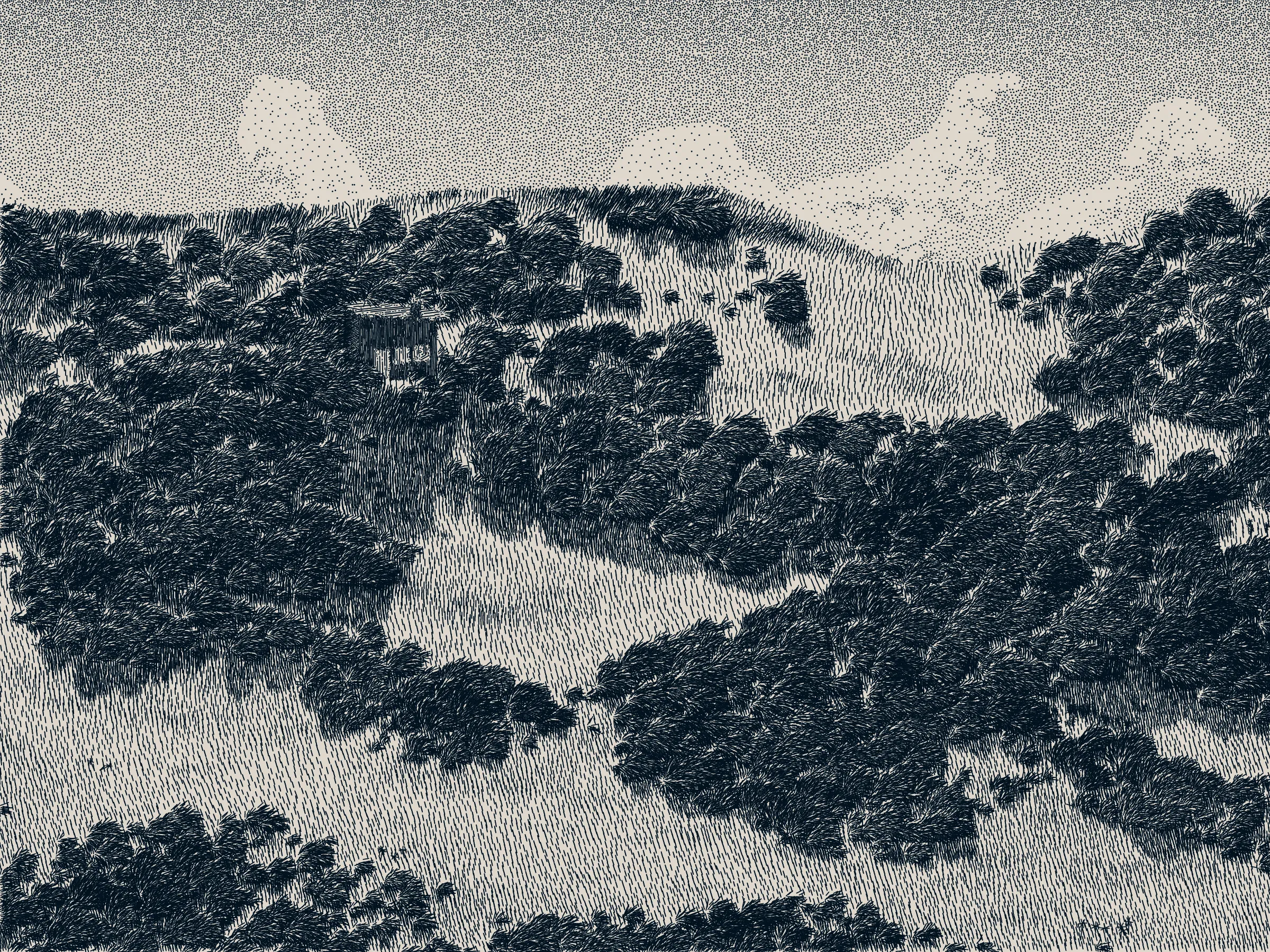 *Life and Love and Nothing is released as part of reGEN, a special charitable auction of generative art to raise funds for Cure Alzheimer’s Fund, curated by Alex Estorick and Foteini Valeonti in collaboration with The Giving Block.*

This is an illustration of a wildfire burning through a cabin and the surrounding hillside, rendered stylistically with pen and paper in mind. 

Once a year, the fire will ignite and burn until the cabin and the hillside are consumed. After burning, the cabin and the hillside will regenerate, and the cycle will start again.

The cabin represents a person, and the surrounding hillside their mind and memories.

The fire represents disease, burning through the person’s memories from the most recent and least established, through to the oldest and most ingrained.

My hope is that this can illustrate both the pain caused by disease and the beauty of the time we have to hold onto memories and loved ones.

Life is short, bodies degrade, houses burn. But, before that, there is life; there is love; there is creation – these things are beautiful.

Consider where you are placing your efforts.
Pursue what is important.
Take the time to see someone you love.
Take the time to do something you love.

There’s only so much time.