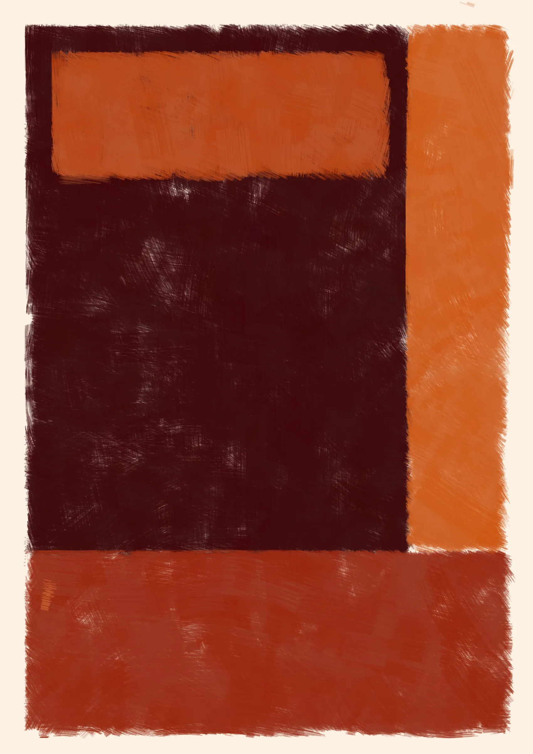### Good job, Computer. Do that some more.

To what degree can we teach a computer to make a painting? One that resembles creation from the imperfect hand of a human. Here, the computer attempts to hide itself from the viewer in the details, such as inconsistent borders or uneven layers of paint. Intentional flaws that a human might make unintentionally.
Good, Computer is an exploration of not only how small cumulative inaccuracies create complete images, but also the forms and harmonies that those images evoke.

Consider the following:

***A set of 4 colors is to be considered -- singly as "actors," together as "cast." They are to be presented in 4 different arrangements -- as "performances."***
***Although they remain unchanged in hue and light, in "character", and appear in an unchanging outer frame, the "stage", they are to produce 4 different "scenes" or "plays," each to be so different that one and the same set of colors will be seen as 4 different sets, presented by 4 different casts.***
***And all this can be achieved mainly through changes in quantity which result in shifts of dominance, of recurrence, and consequently of placement.***
***The essential question: which group of colors is ready to lose its identity as a cast?*** 
***-- Josef Albers***

We can answer this question simply by asking ourselves why we're drawn to some arrangements more than others. In doing so, we consider not just tone, but also quantity, intensity and weight in order to form new relationships between the colours. And as such the viewer gives each image their own subjective personality.

---

Press `s` to save image.