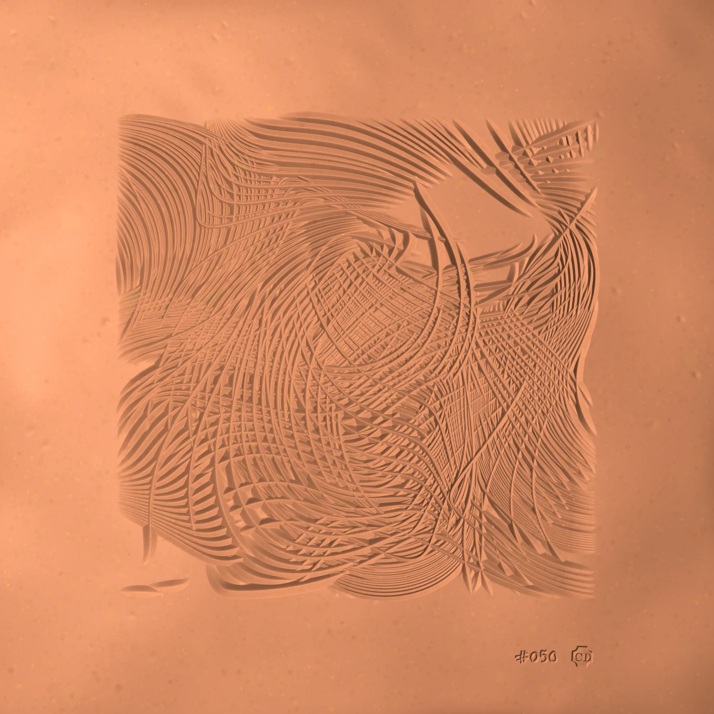 Inside the computer there’s a digital hand. The hand selects a metal implement, cuts off a slab of clay, and carves into its surface. It wanders like your hand wanders; it carves imaginary contours, sinuous and exploratory. It doesn’t know the end result so it carves lines until it feels content, and then it numbers the piece and stamps its maker’s mark. It fires the slab in a digital kiln (it calls this “minting”) and through this act its art is preserved for millennia. The hand runs its fingers over the textured surface, feeling satisfaction at having spontaneously produced a piece of art so beautiful, expressive, and unique.

---
 
Ceramics is a generative sculpture that mimics the physical expression of carving into clay. Through uncanny naturalistic rendering it challenges our notion of “handmade”. It asserts that the value of handmade isn’t the time it takes to make the work nor the physical materials consumed, but the endless small decisions and serendipitous details that appear along the way, as can be felt in each Ceramics mint.

Despite the handmade nature of Ceramics the outputs cannot be touched. Highly tactile images enchant the viewer to imagine their tangible representations, and leave them to dwell on their perception of materiality — both in the experiential physical world and conceptually-infinite digital space.