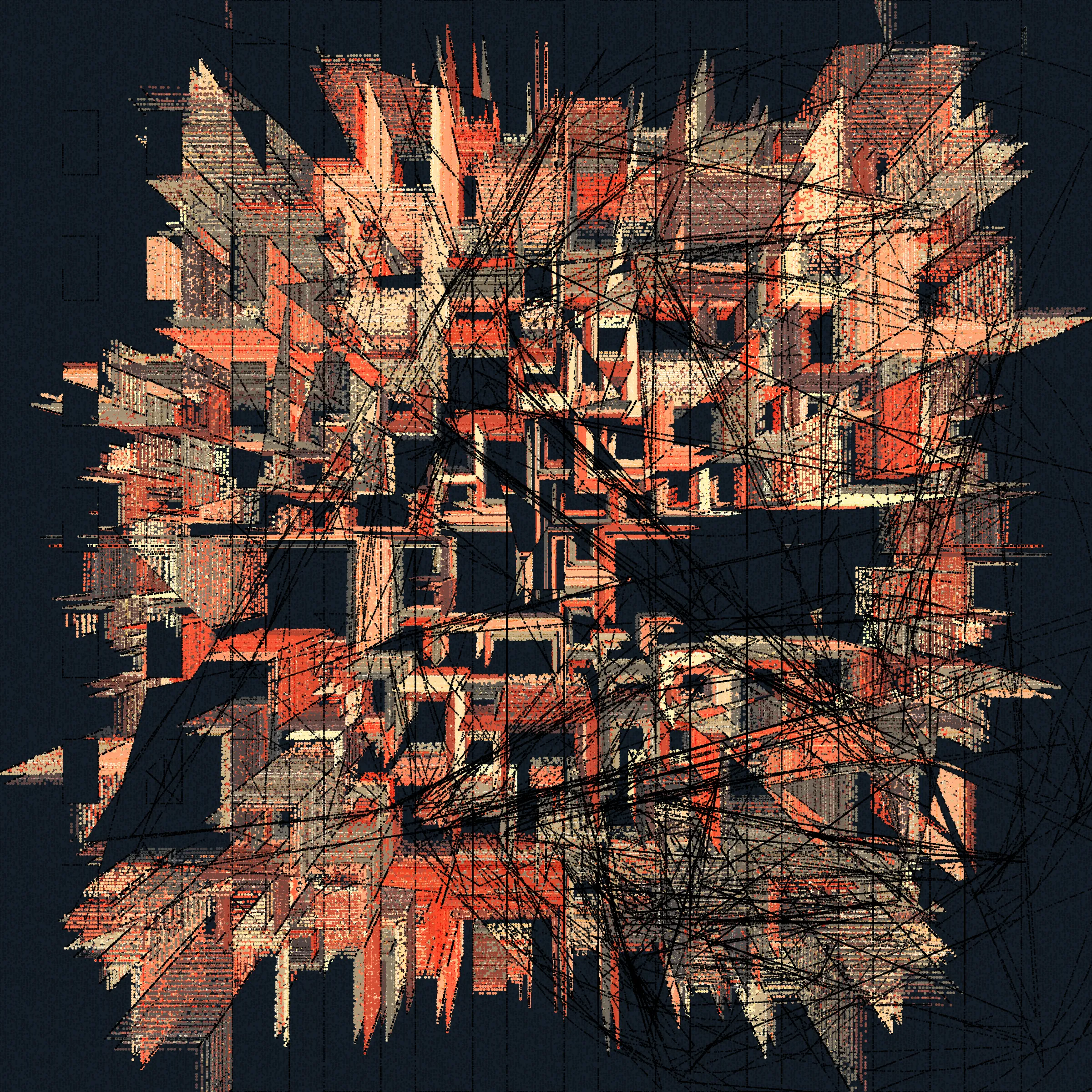 Structures is an abstract generative art project drawn entirely with dots.

About project development:

*In generative art, I like to experiment and test sometimes improbable things (which was the case for this project).*

*Structures is a very special project that was born from this experimentation, in this case, the merger of two discrete projects I was working on.*

*When I was working on the first version of Structures, even after a long development I was not completely satisfied with the result, and ended up putting the project aside to try to find a way to finish sometime in the future.*

*I then started another, more abstract, project (with various shapes, triangles, circles, grids of rectangles, etc.), that really had nothing obvious in common with Structures. But, ultimately, this project too, alone, was not enough.*

*And then one day I wondered how these projects might inform each other, and worked to make Structures more abstract. I honestly had no expectations of success, but nevertheless worked to merge the codes of the discrete projects just to see what it would yield.*

*I was pleasantly surprised by the result, and then continued to iterate this new hybrid version until finally arriving with what you see here.*

Each variation generated by Structures is drawn using only dots. It is the complex algorithm of the project that determines the position, size, color, etc. of each dot through approximately 1,500,000 to 40,000,000 random decisions based on the hash of the mint and draws approximately 350,000 to 10,000,000 dots based on these random decisions.

In live mode:
- click during the animation = animation pause
- click at the end of the animation = display of the number of dots drawn

Made with ❤️, code and p5js.