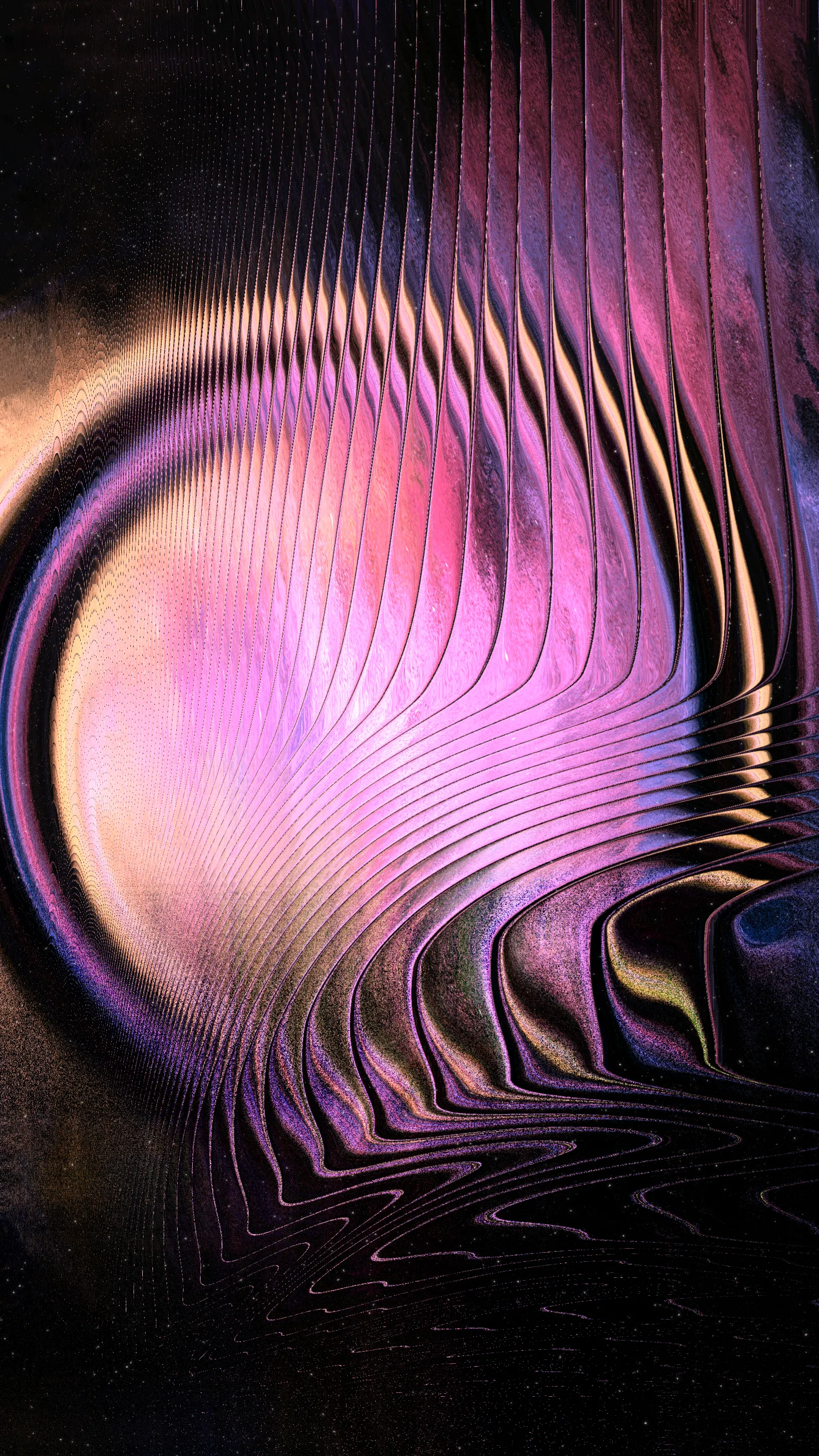 Lumina engages in the delicate interplay of curved, organic lines and abstract forms, weaving a surreal narrative filled with rhythm and dynamism. It illustrates dreamy imagery of cosmic phenomena such as electromagnetic waves, magnetic reconnection, and gravitational pull. In its composition, Lumina balances fluid and structured elements, vibrant and muted tones. The artwork’s glitchy and distorted textures, reminiscent of cosmic noise and stellar interference, further enhance its spatial narrative, offering a visual echo of the cosmic phenomena.

Lumina lies in its balanced integration of organic and digital elements. The first layer of the artwork, crafted with p5.js and a fBm shader, forms an organic texture, adding a swirl to give dynamism and generates diverse color palettes; establishing a visual field. This organic layer is then intertwined with a digital layer, where a custom fragment shader introduces subtle distortions and glitches, adding depth, complexity and luminance to the pieces. The inclusion of noise (and its artifacts) and various mathematical functions imbue the collection with a dreamlike ambiance.

**URL Parameters:**
?resolution=5000  :  to render as 2812x5000 px
?resolution=4000  :  to render as 2250x4000 px 
?resolution=3000  :  to render as 1687x3000 px (default)

**Press [S] in live view to save as .png**

This work involves intensive GPU processing. It's advisable to use modern hardware and ensure your browser's hardware acceleration is enabled for optimal performance. Using the Chrome browser on a desktop equipped with a high-end GPU is highly recommended.

See website for more details about the collection.