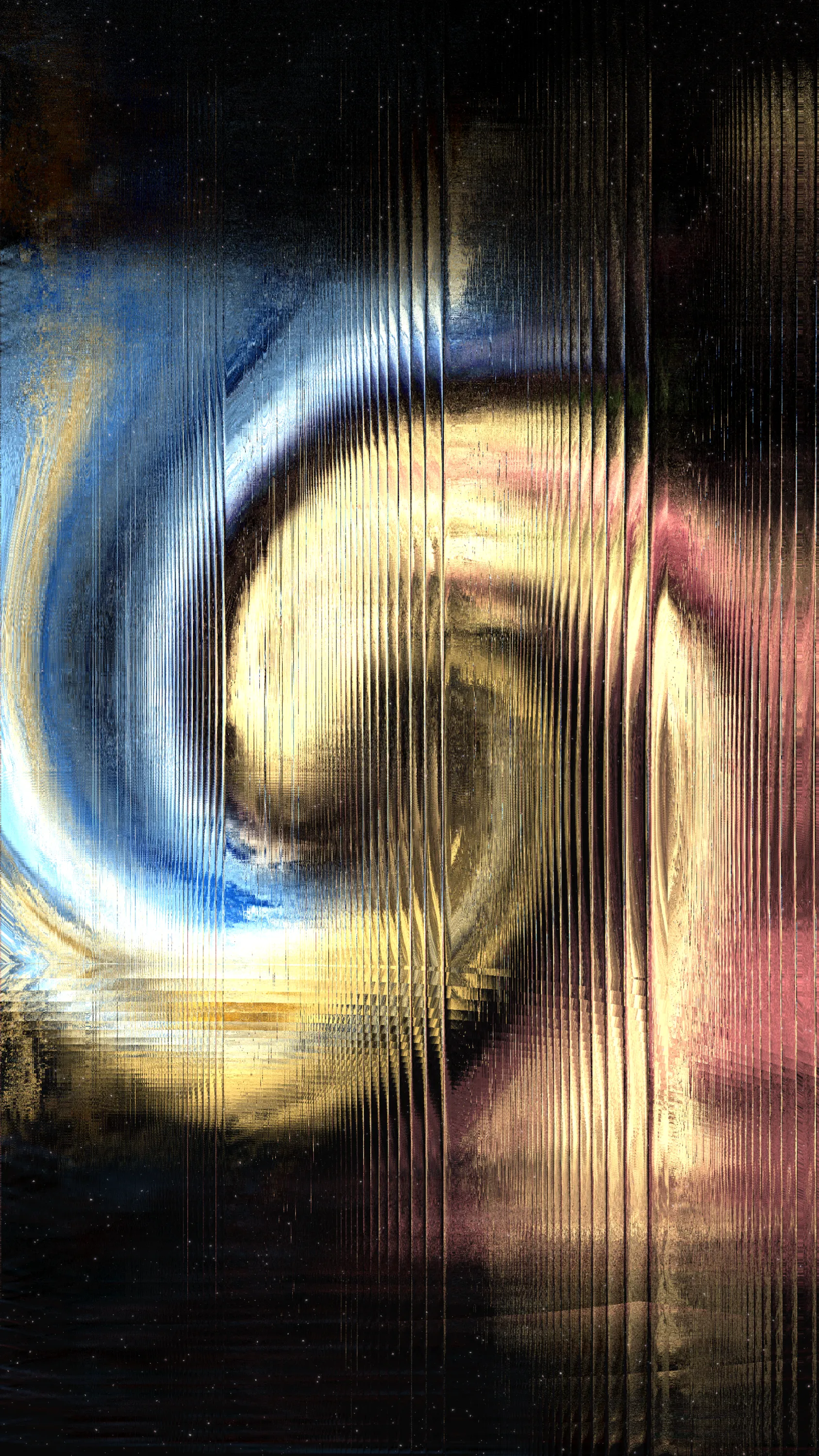 Lumina engages in the delicate interplay of curved, organic lines and abstract forms, weaving a surreal narrative filled with rhythm and dynamism. It illustrates dreamy imagery of cosmic phenomena such as electromagnetic waves, magnetic reconnection, and gravitational pull. In its composition, Lumina balances fluid and structured elements, vibrant and muted tones. The artwork’s glitchy and distorted textures, reminiscent of cosmic noise and stellar interference, further enhance its spatial narrative, offering a visual echo of the cosmic phenomena.

Lumina lies in its balanced integration of organic and digital elements. The first layer of the artwork, crafted with p5.js and a fBm shader, forms an organic texture, adding a swirl to give dynamism and generates diverse color palettes; establishing a visual field. This organic layer is then intertwined with a digital layer, where a custom fragment shader introduces subtle distortions and glitches, adding depth, complexity and luminance to the pieces. The inclusion of noise (and its artifacts) and various mathematical functions imbue the collection with a dreamlike ambiance.

**URL Parameters:**
?resolution=5000  :  to render as 2812x5000 px
?resolution=4000  :  to render as 2250x4000 px 
?resolution=3000  :  to render as 1687x3000 px (default)

**Press [S] in live view to save as .png**

This work involves intensive GPU processing. It's advisable to use modern hardware and ensure your browser's hardware acceleration is enabled for optimal performance. Using the Chrome browser on a desktop equipped with a high-end GPU is highly recommended.

See website for more details about the collection.